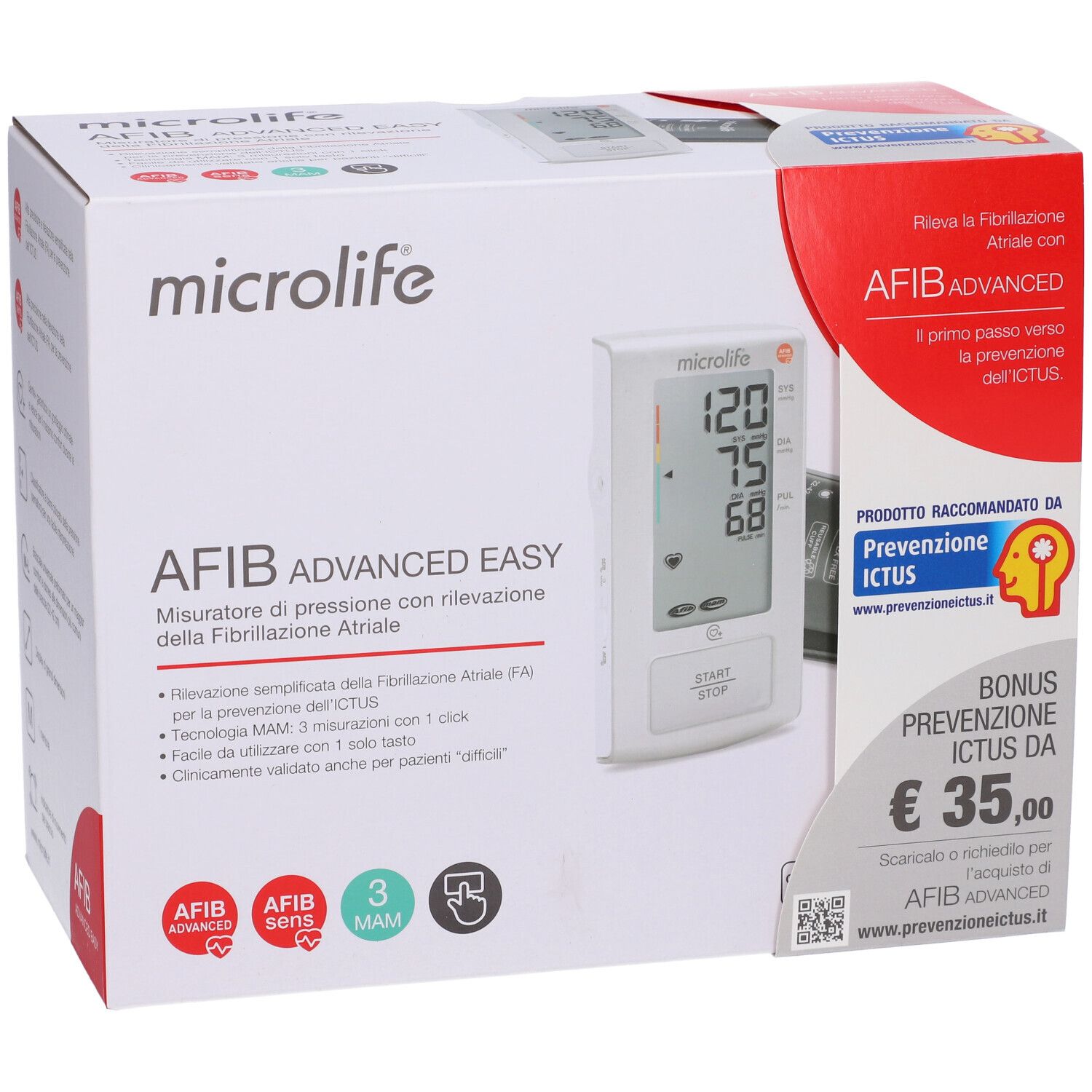 Fronte della confezione del misuratore di pressione Microlife AFIB ADVANCED EASY con dispositivo illustrato.