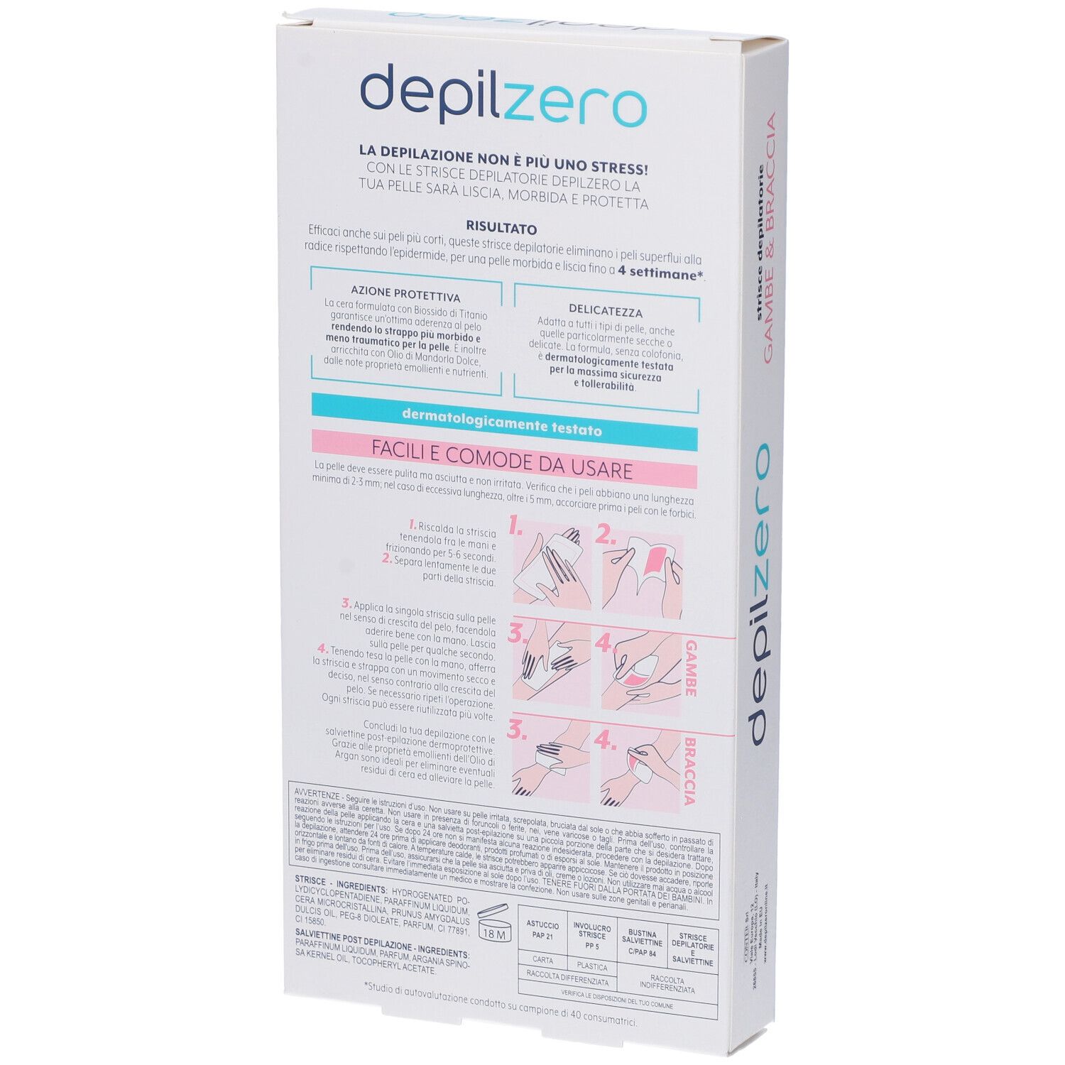 Retro della confezione di strisce depilatorie. Illustrazioni e informazioni su sfondo bianco.