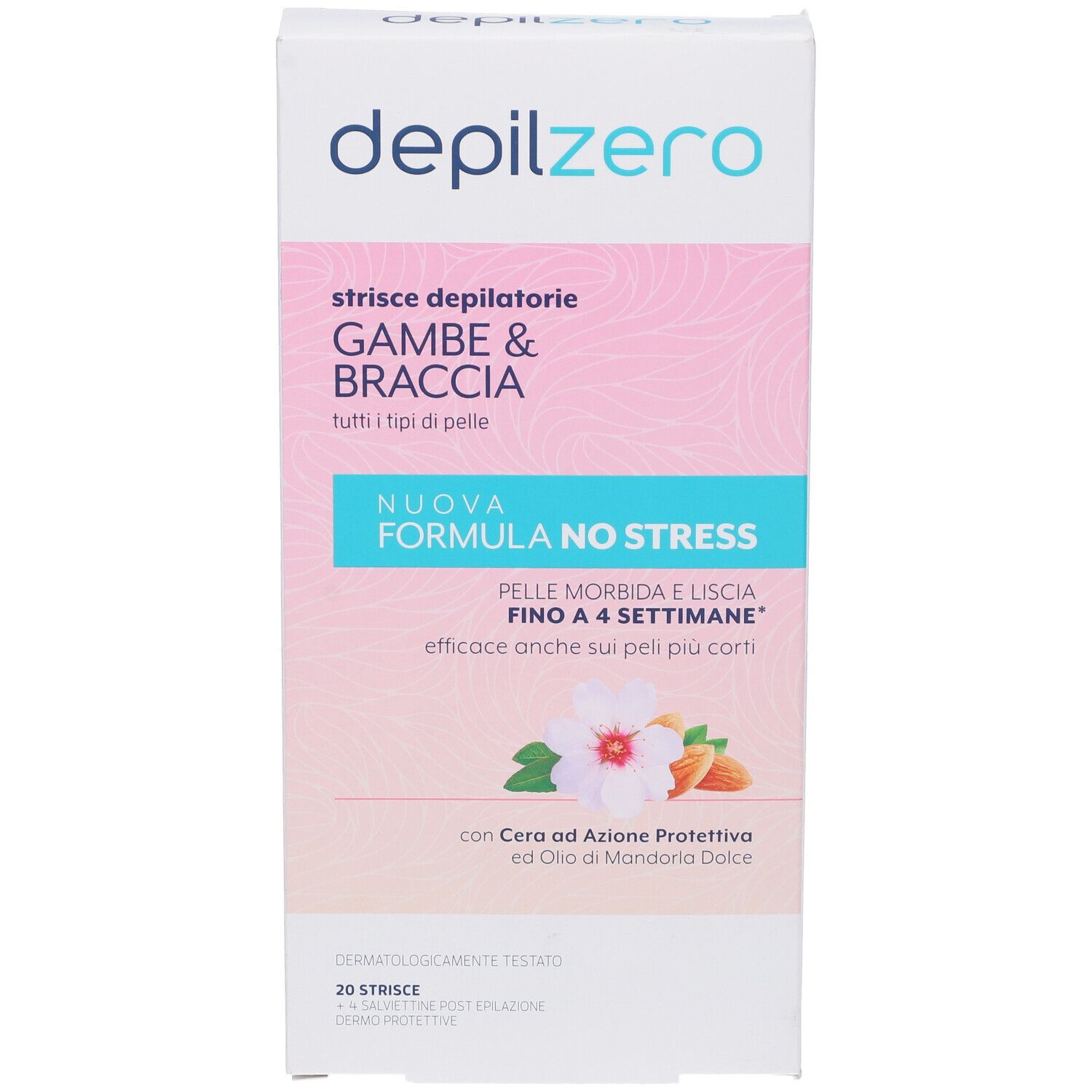 Confezione di strisce depilatorie per gambe e braccia. Scatola rosa e bianca con informazioni e logo.