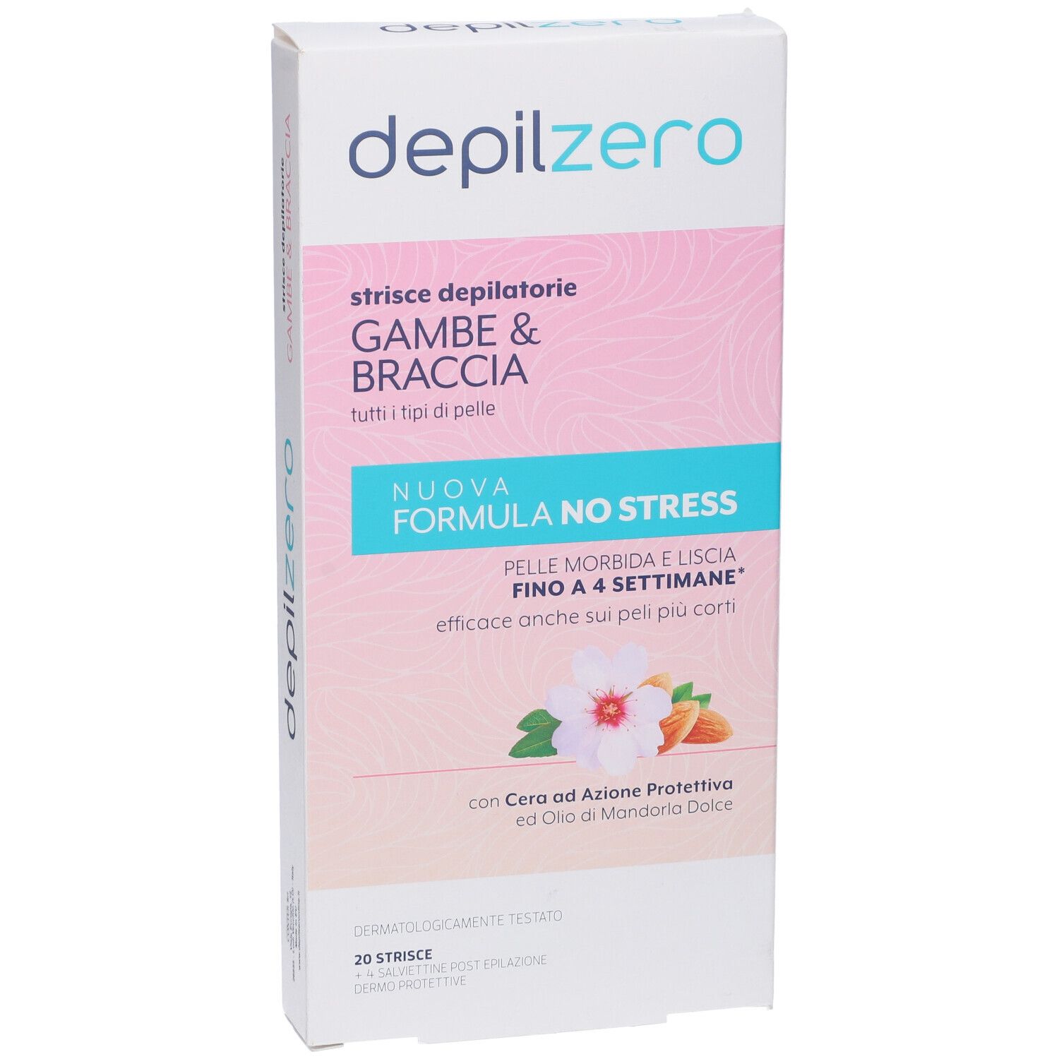 Confezione di strisce depilatorie per gambe e braccia. Scatola rosa e bianca con informazioni e logo.