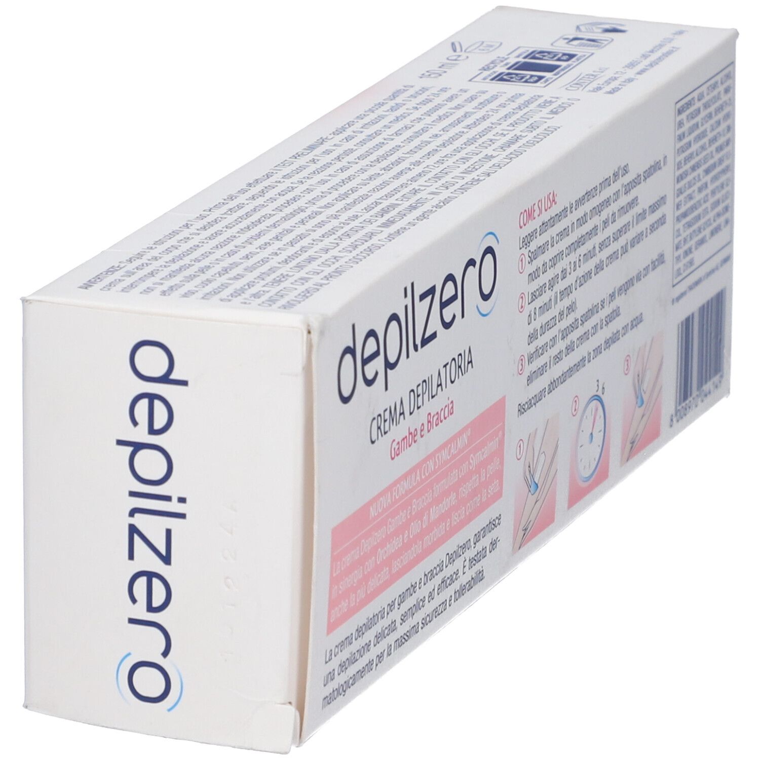 Vista prospettica della confezione Depilzero Crema Depilatoria Gambe Braccia.