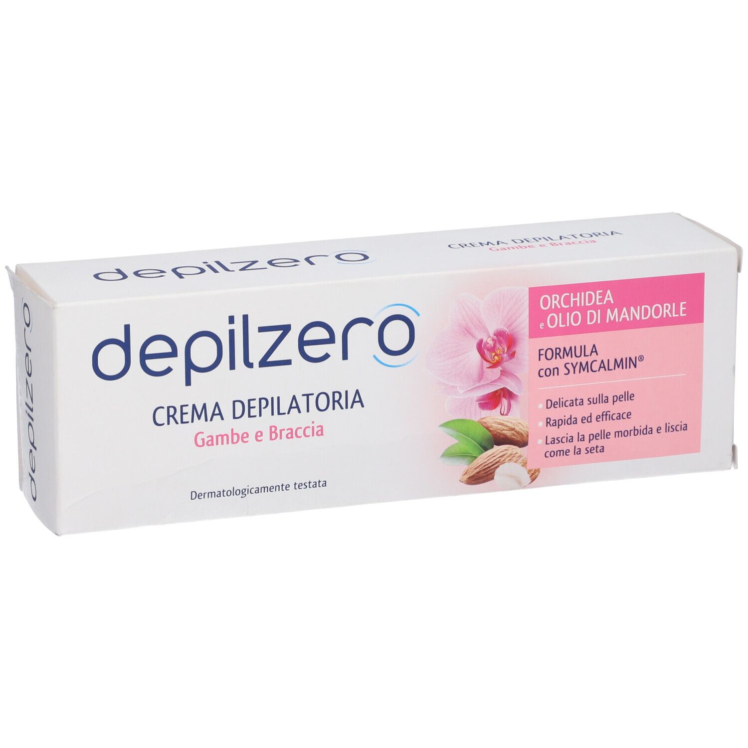 Fronte confezione Depilzero Crema Depilatoria con motivo orchidea e mandorla.
