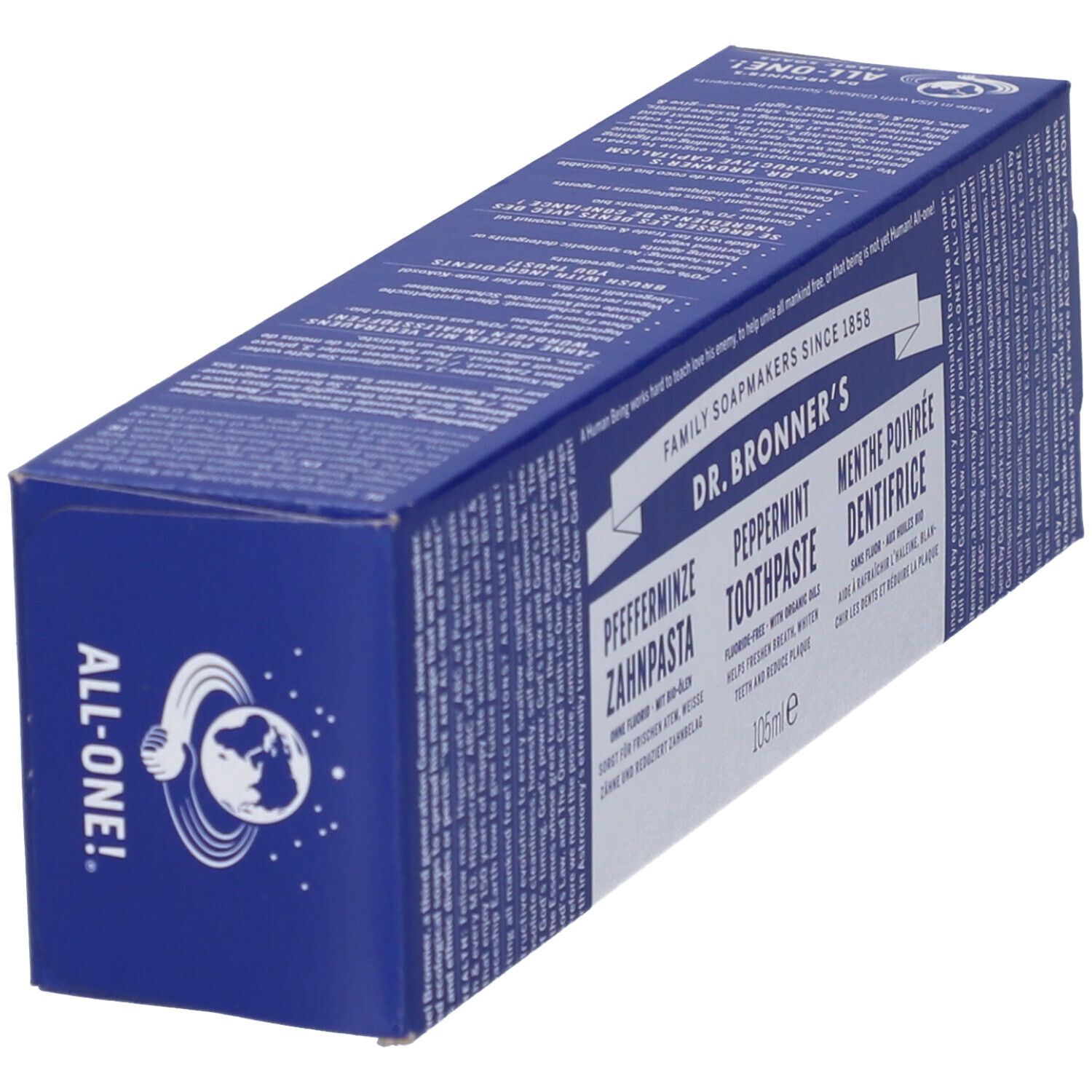 Scatola di cartone blu con 'DR. BRONNER'S' e 'ALL-ONE!'. Dentifricio alla menta piperita. Testo in tedesco, inglese e francese.