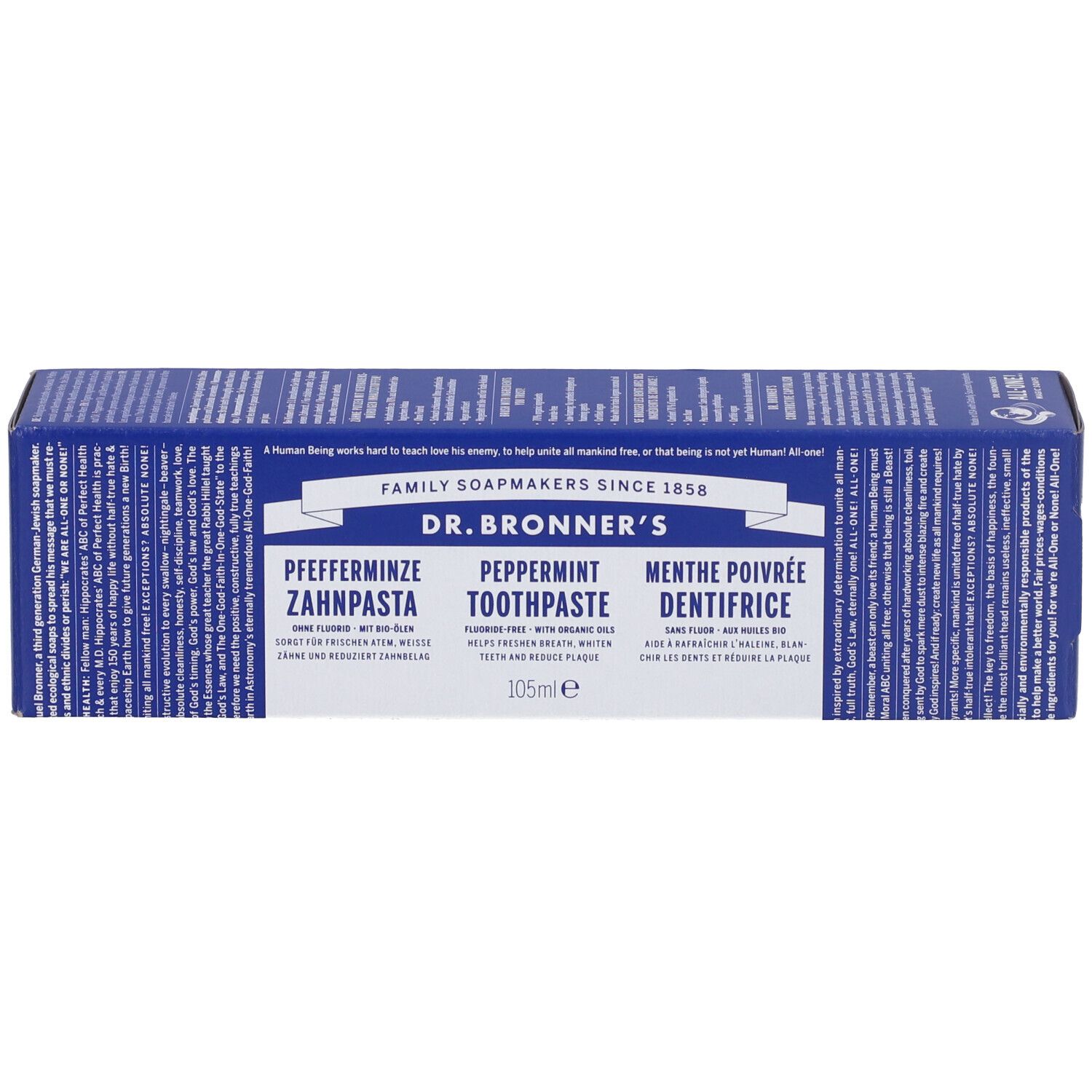Scatola di cartone blu con dentifricio 'DR. BRONNER'S'. Testo in tedesco, inglese e francese. 105ml.