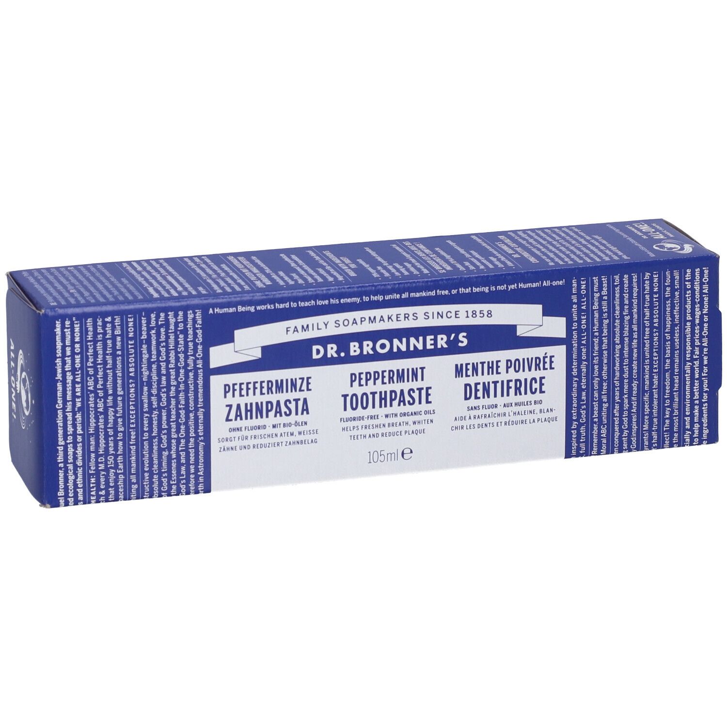 Scatola di cartone blu con dentifricio 'DR. BRONNER'S'. Testo in tedesco, inglese e francese. 105ml.
