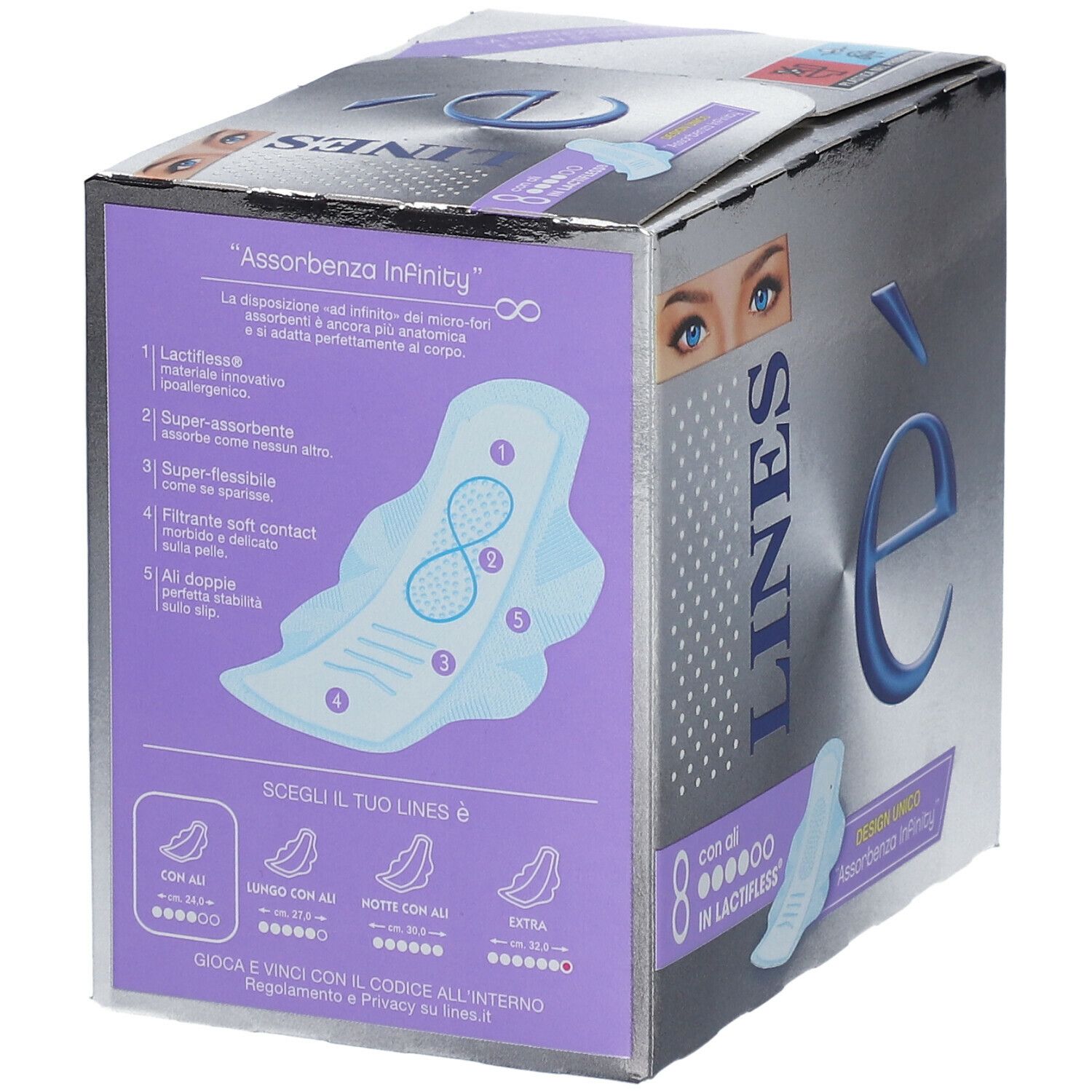 Confezione con informazioni sul prodotto. Scatola argentata con logo blu e nome del prodotto. Illustrazione di un assorbente.