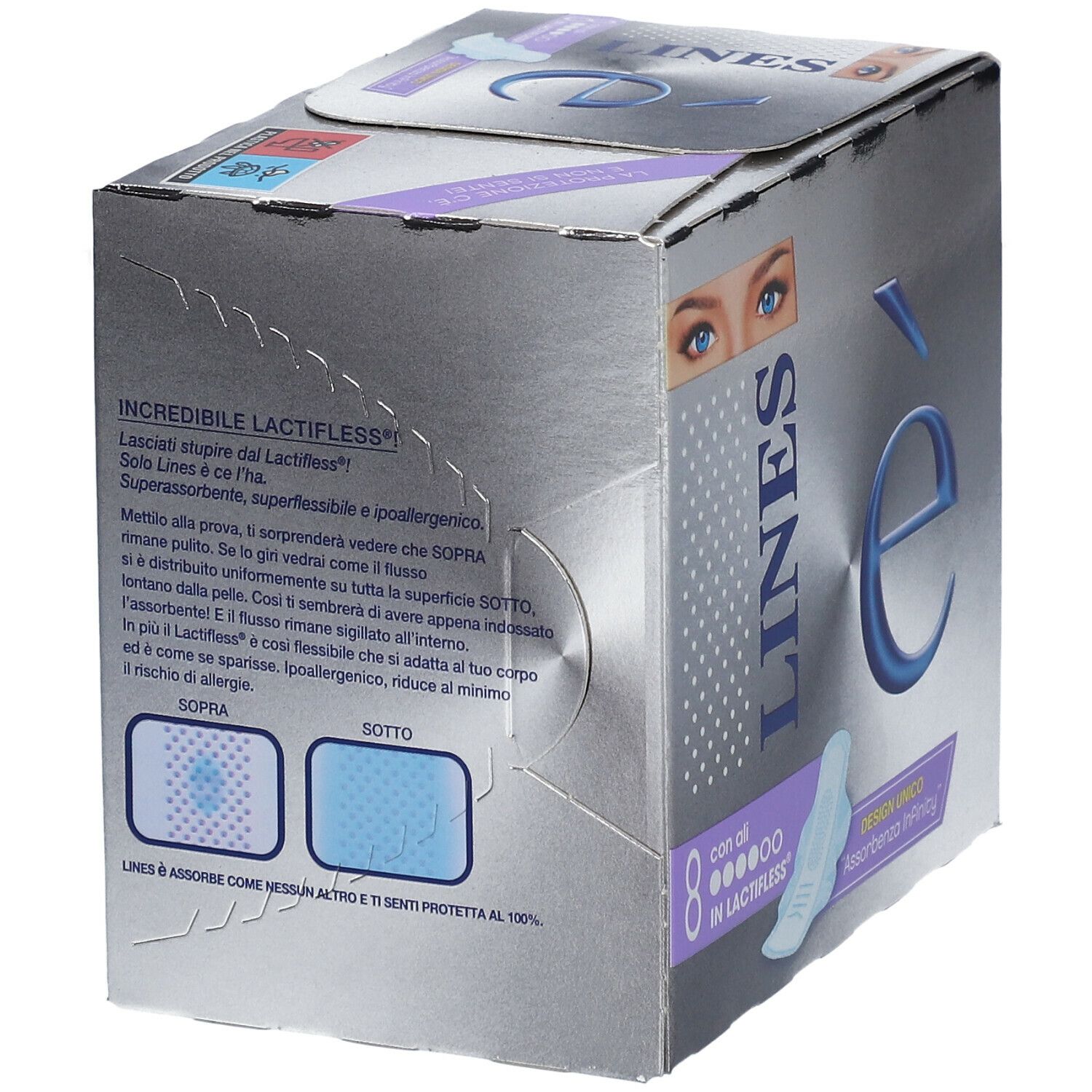 Confezione con informazioni sul prodotto. Scatola argentata con logo blu e nome del prodotto. Contiene 8 assorbenti con ali.