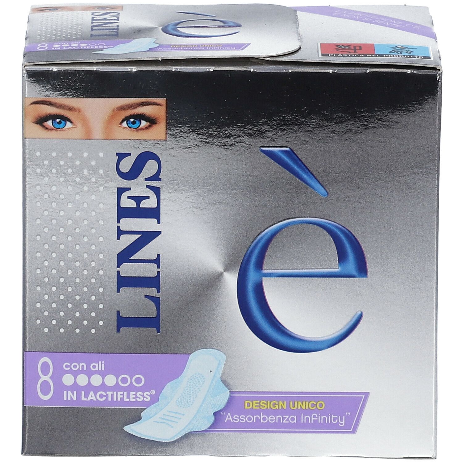 Scatola di assorbenti. Confezione argentata con logo blu e nome del prodotto. Contiene 8 assorbenti con ali.