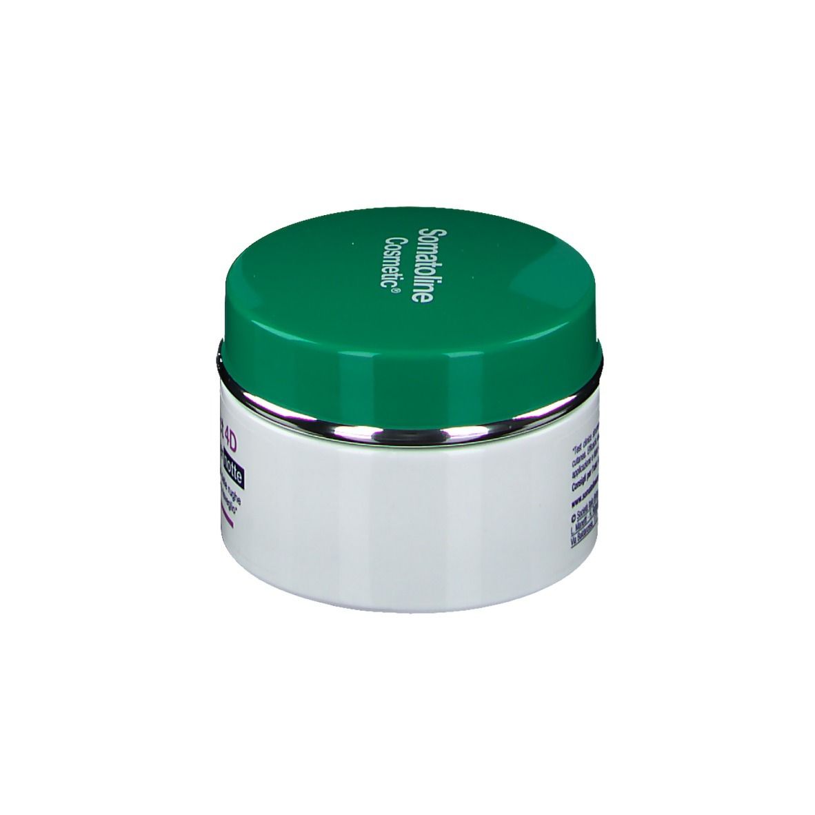 Vaso di crema con coperchio verde e bordo argentato. Scritta: Somatoline Cosmetic.
