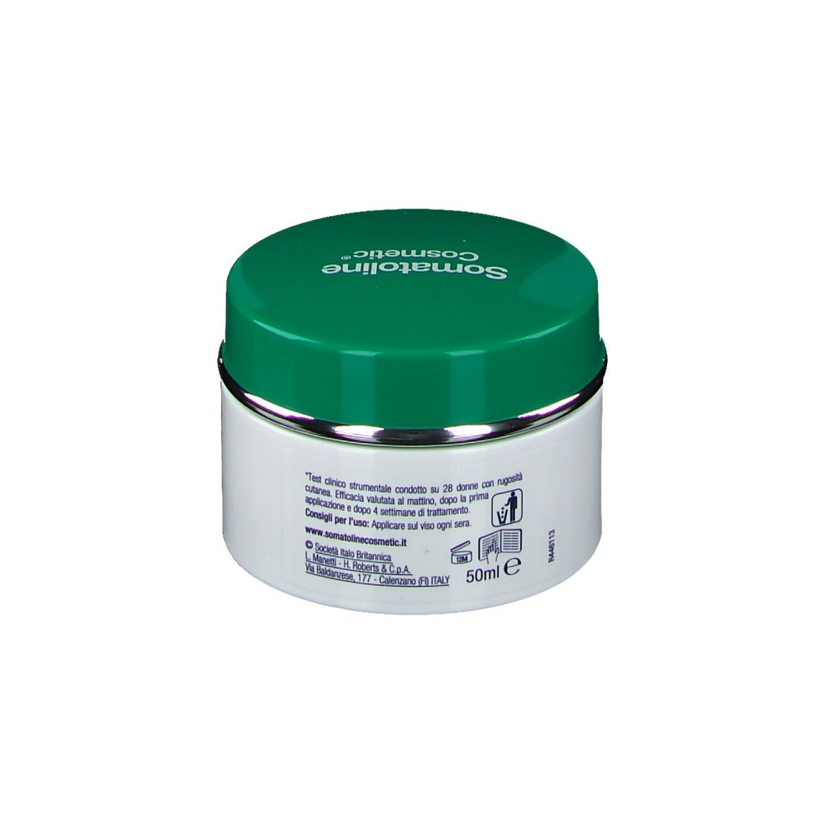 Vaso di crema con coperchio verde e bordo argentato. Scritta: Somatoline Cosmetic.