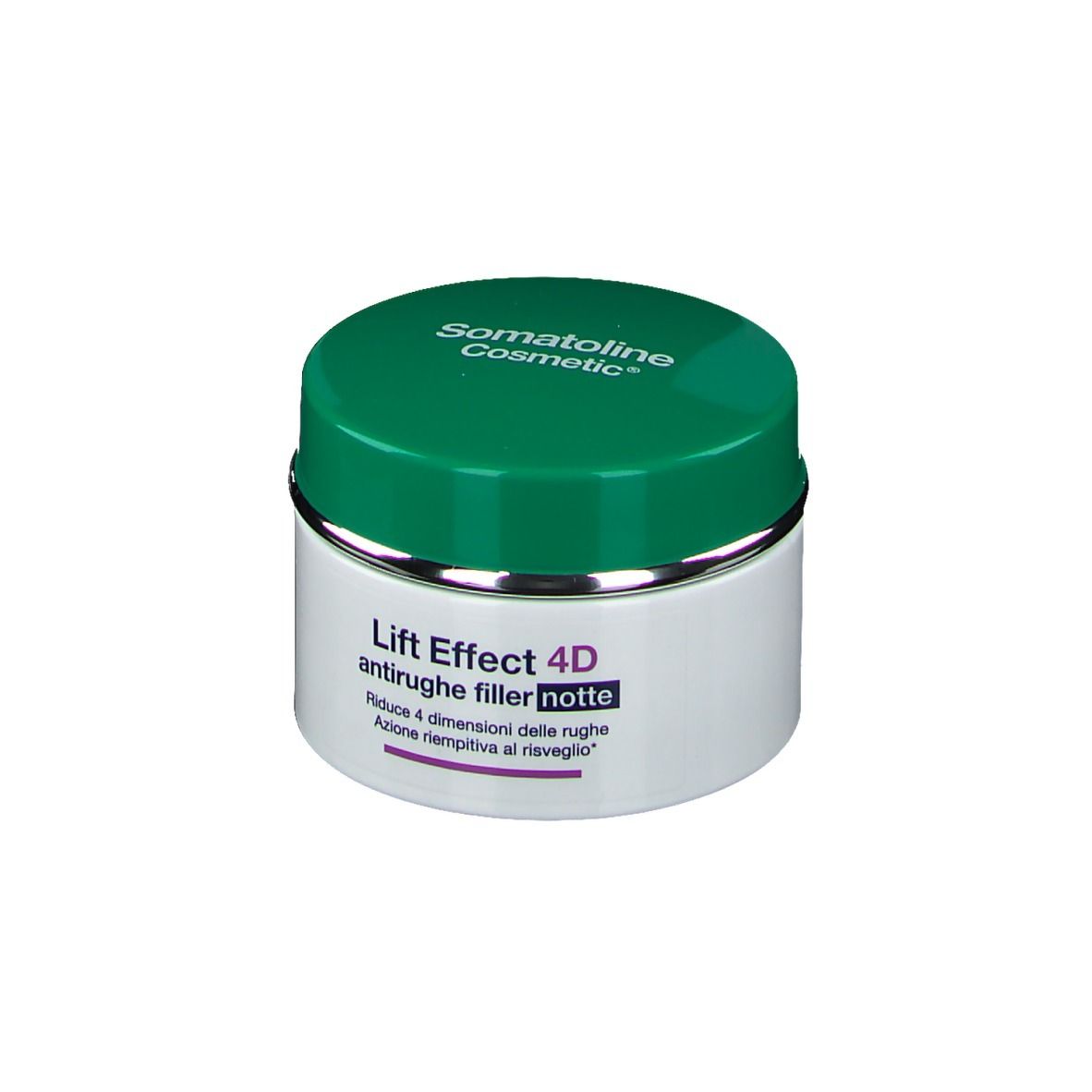 Vaso di crema con coperchio verde e bordo argentato. Scritta: Somatoline Cosmetic, Lift Effect 4D, antirughe filler notte.