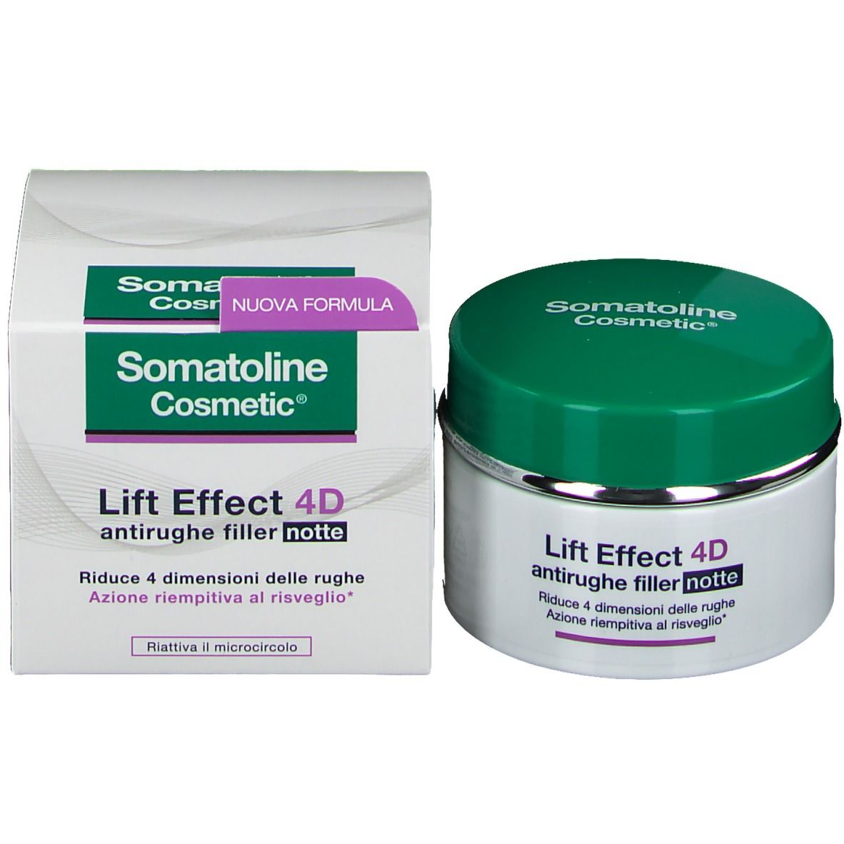 Vaso di crema e confezione. Scritta: Somatoline Cosmetic, Lift Effect 4D, antirughe filler notte. Nuova formula.
