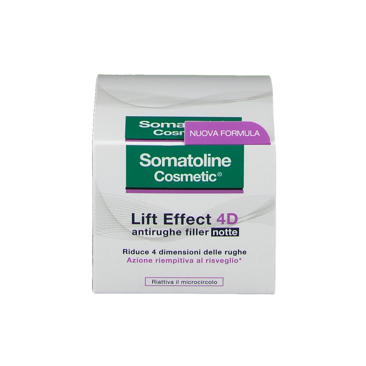 Confezione. Scritta: Somatoline Cosmetic, Lift Effect 4D, antirughe filler notte. Nuova formula.