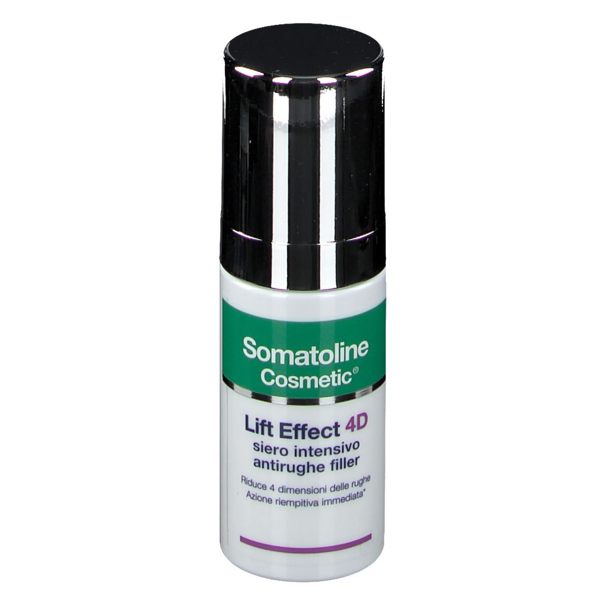 Flacone cilindrico con tappo nero. Scritta: Somatoline Cosmetic, Lift Effect 4D, Siero intensivo antirughe filler.