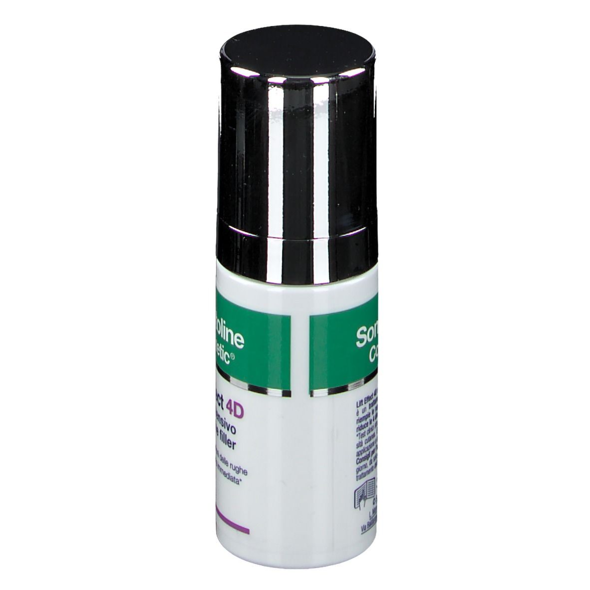 Flacone cilindrico con tappo nero. Scritta: Somatoline Cosmetic, Lift Effect 4D, Siero intensivo antirughe filler.