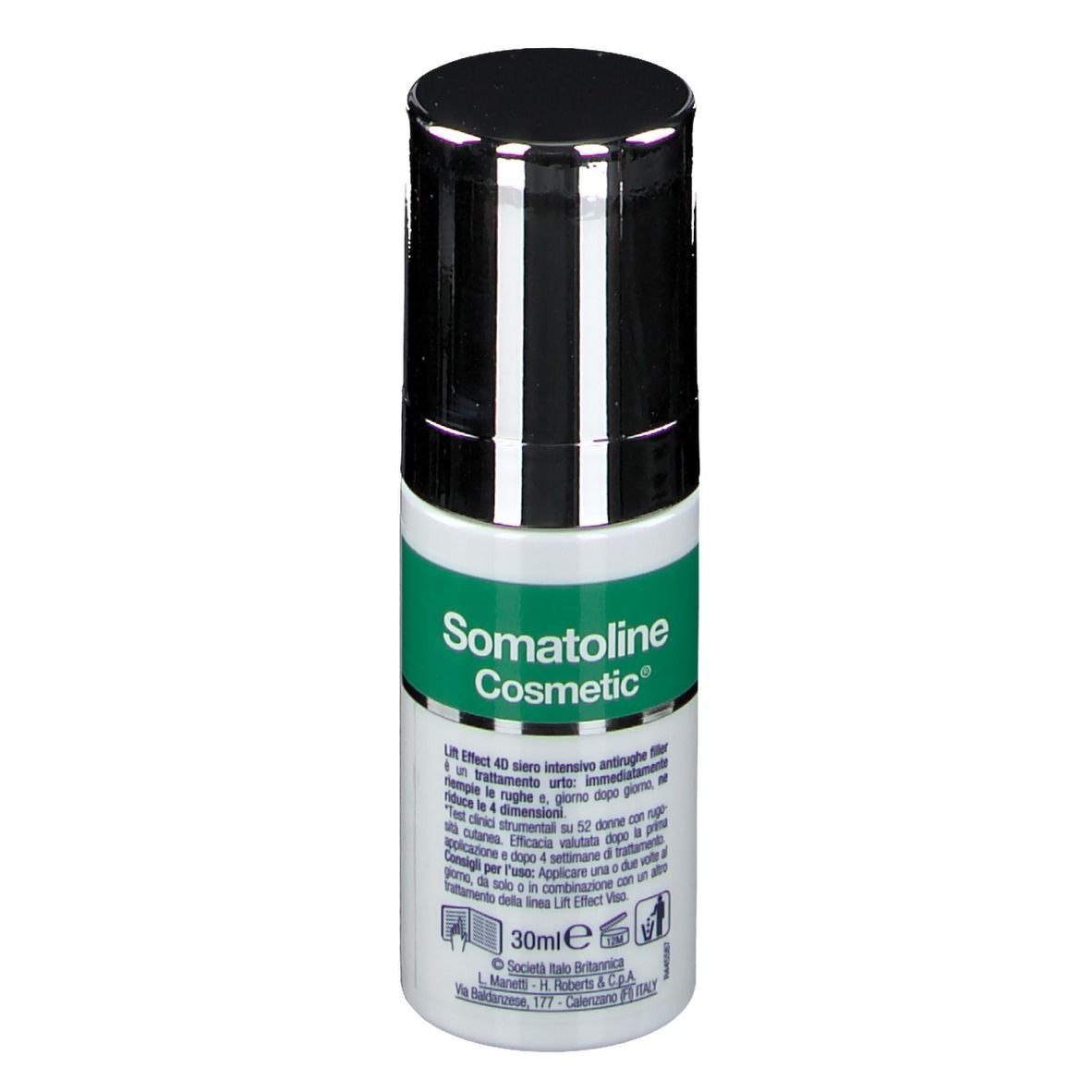 Flacone cilindrico con tappo nero. Scritta: Somatoline Cosmetic, Lift Effect 4D, Siero intensivo antirughe filler.