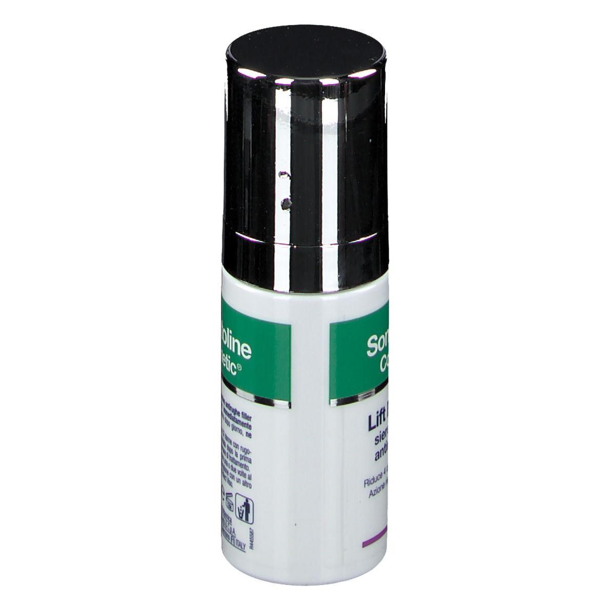 Flacone cilindrico con tappo nero. Scritta: Somatoline Cosmetic, Lift Effect 4D, Siero intensivo antirughe filler.