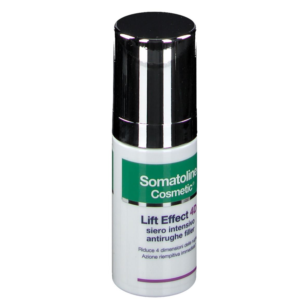 Flacone cilindrico con tappo nero. Scritta: Somatoline Cosmetic, Lift Effect 4D, Siero intensivo antirughe filler.
