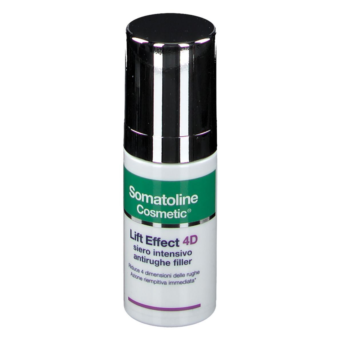 Flacone cilindrico con tappo nero. Scritta: Somatoline Cosmetic, Lift Effect 4D, Siero intensivo antirughe filler.