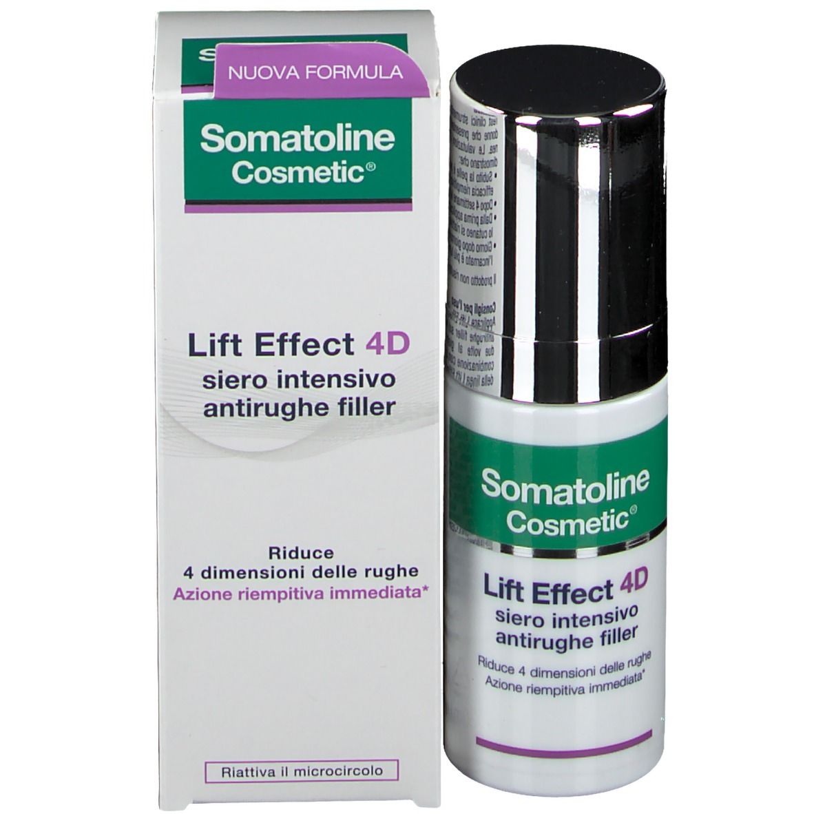 Confezione del prodotto con flacone. Scritta: Somatoline Cosmetic, Lift Effect 4D, Siero intensivo antirughe filler.