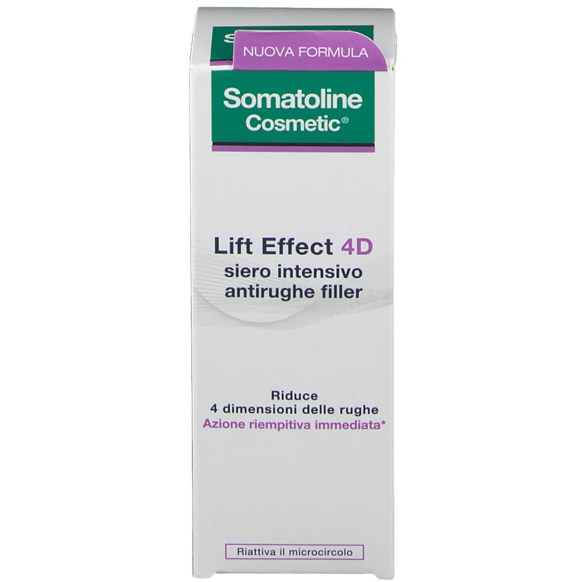 Confezione del prodotto. Scritta: Somatoline Cosmetic, Lift Effect 4D, Siero intensivo antirughe filler.