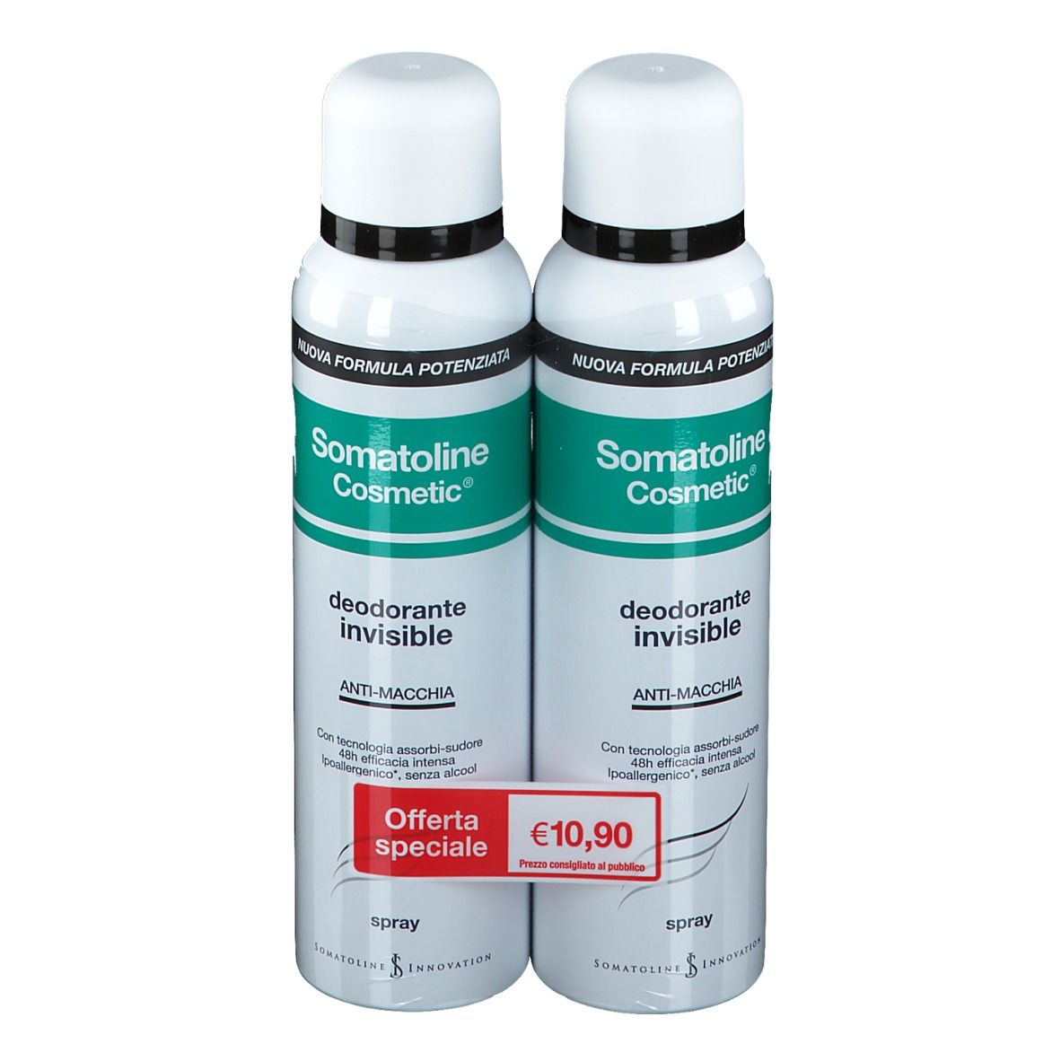 Due spray deodoranti, confezione bianca e verde. Scritta: Somatoline Cosmetic, Deodorante invisibile, Anti-Macchia. Etichetta prezzo.