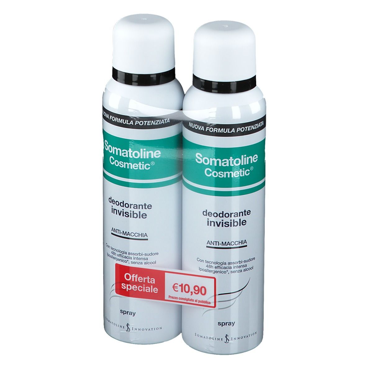 Due spray deodoranti, confezione bianca e verde. Scritta: Somatoline Cosmetic, Deodorante invisibile, Anti-Macchia. Etichetta prezzo.