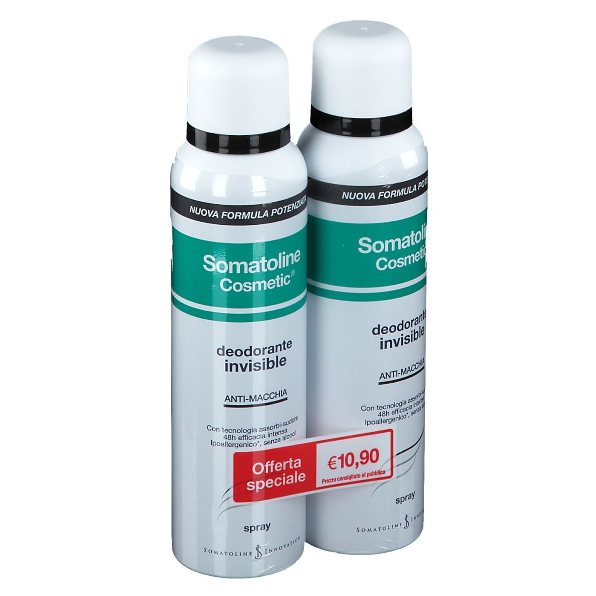 Due spray deodoranti, confezione bianca e verde. Scritta: Somatoline Cosmetic, Deodorante invisibile, Anti-Macchia. Etichetta prezzo.