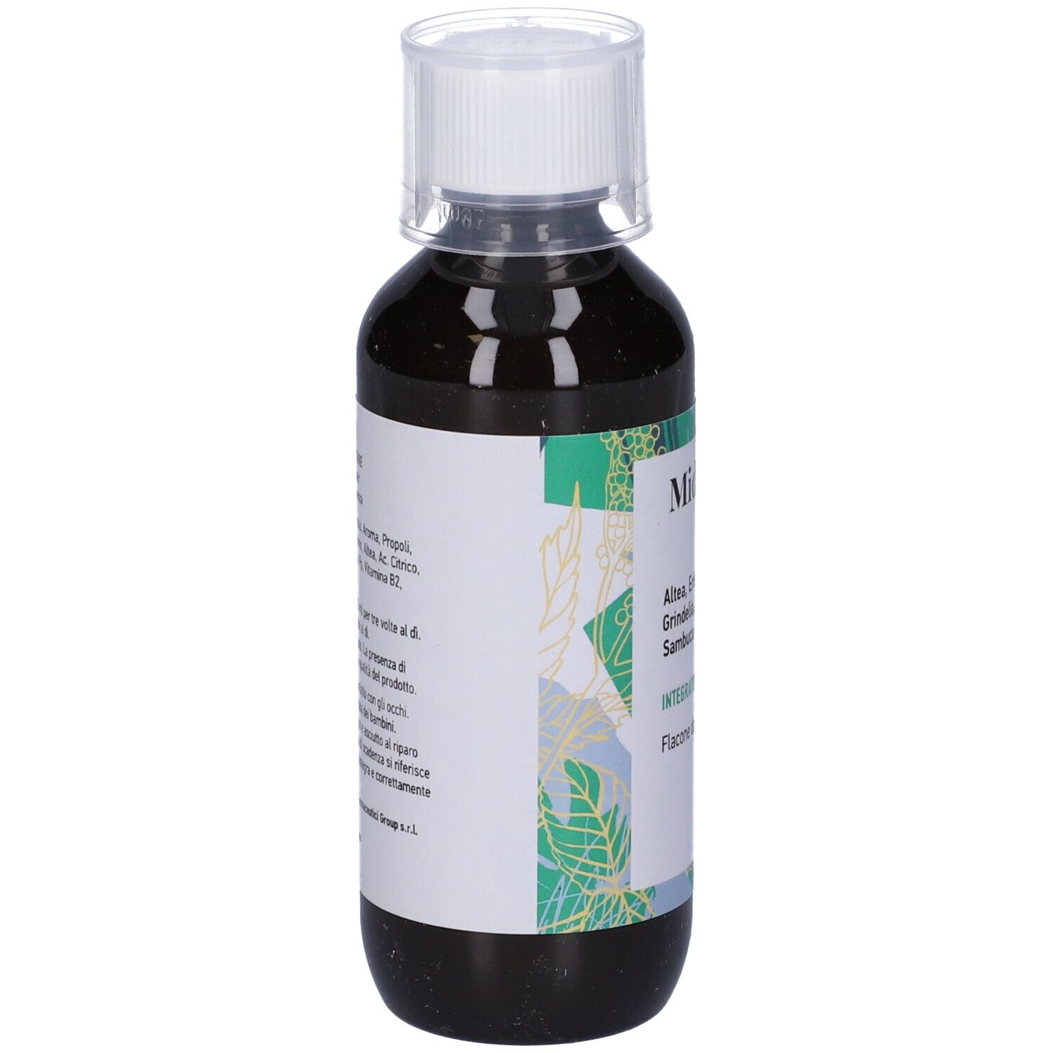 Liquido marrone in bottiglia con tappo bianco. Etichetta con informazioni sul prodotto. Logo MIDA Pharma.