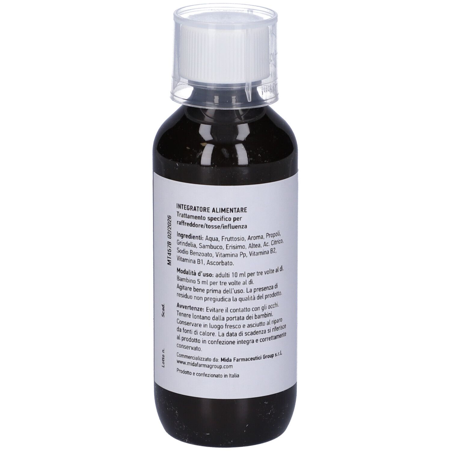 Liquido marrone in bottiglia con tappo bianco. Etichetta con ingredienti e istruzioni per l'uso. MIDA Pharma.