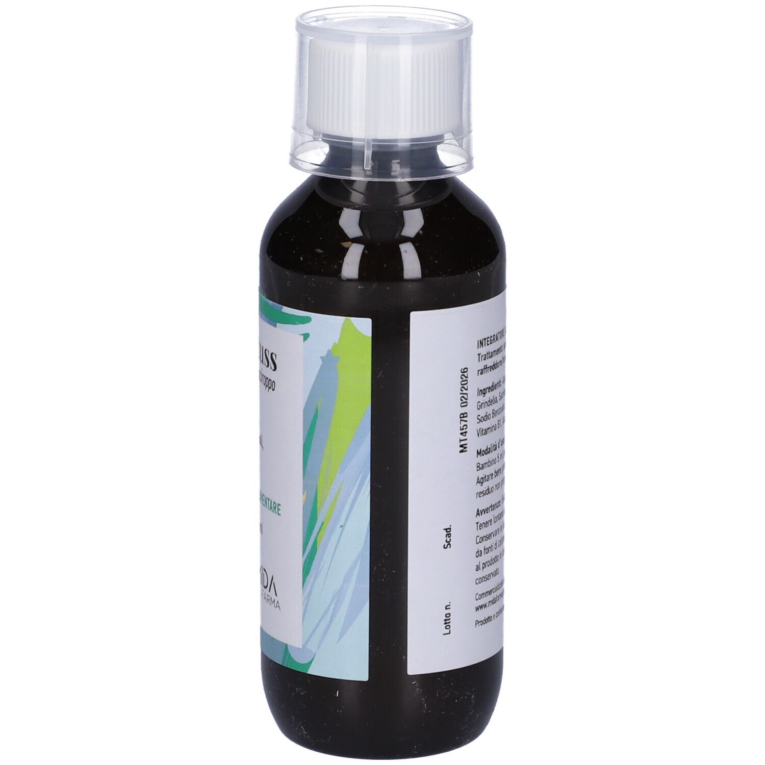 Liquido marrone in bottiglia con tappo bianco. Etichetta con informazioni sul prodotto. Logo MIDA Pharma.