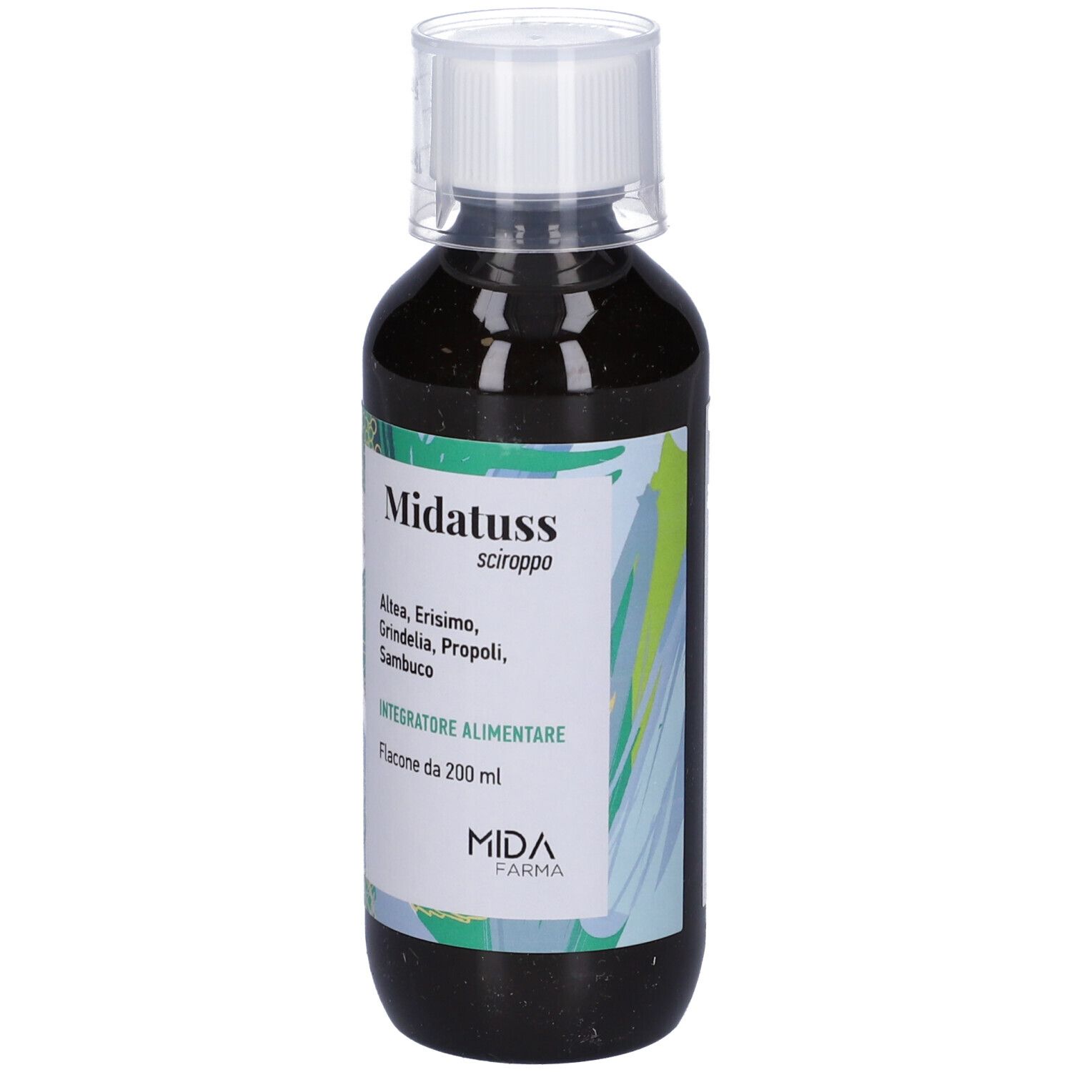 Liquido marrone in bottiglia con tappo bianco. Etichetta con nome e ingredienti. Logo MIDA Pharma.