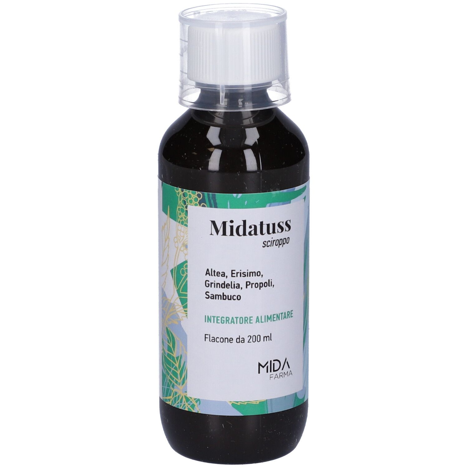 Liquido marrone in bottiglia con tappo bianco. Etichetta con nome e ingredienti. Logo MIDA Pharma.