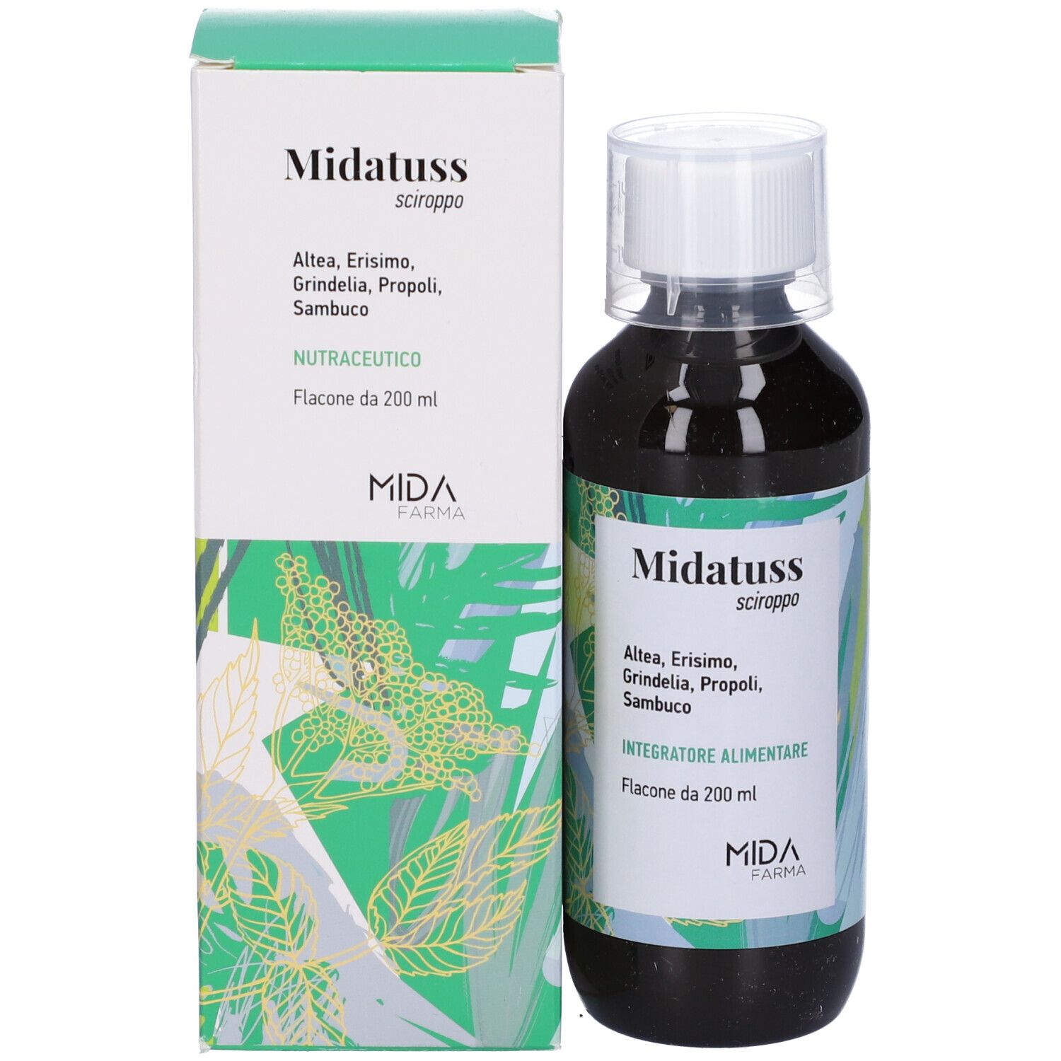 Bottiglia e scatola del prodotto. Bottiglia con liquido marrone, tappo bianco. Scatola con nome e logo.