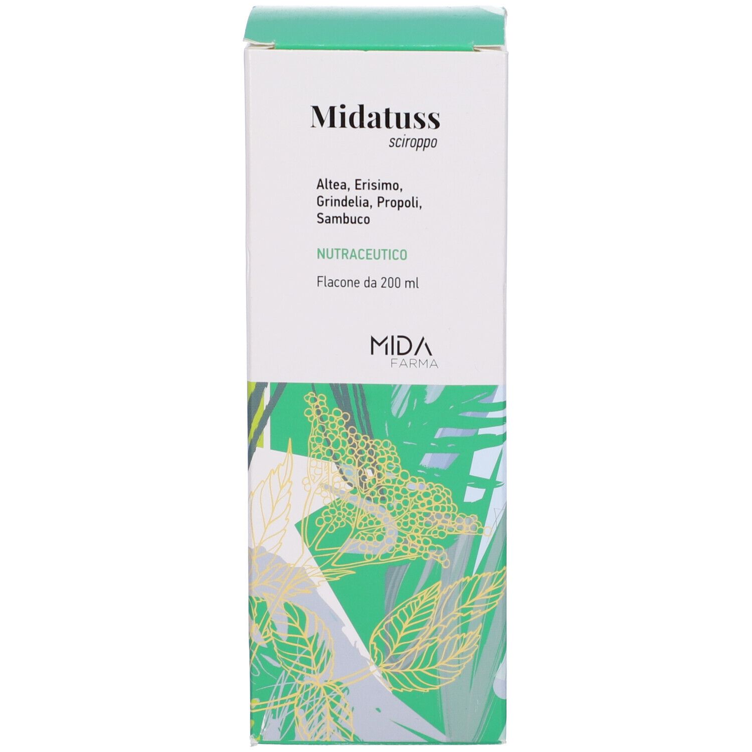 Confezione del prodotto. Scatola con nome, ingredienti e logo. Design verde e bianco.