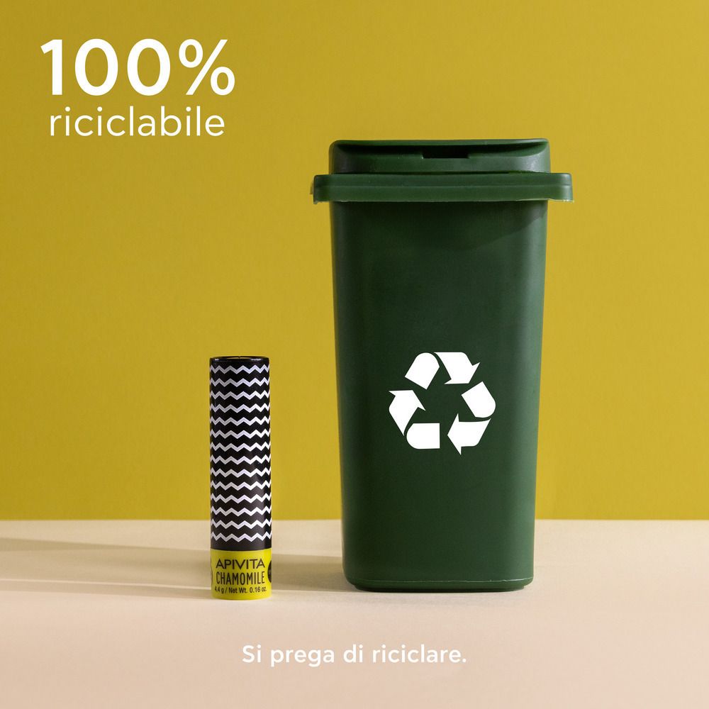 Balsamo per labbra accanto a un bidone verde con simbolo di riciclaggio. Testo: 100% riciclabile. Si prega di riciclare.