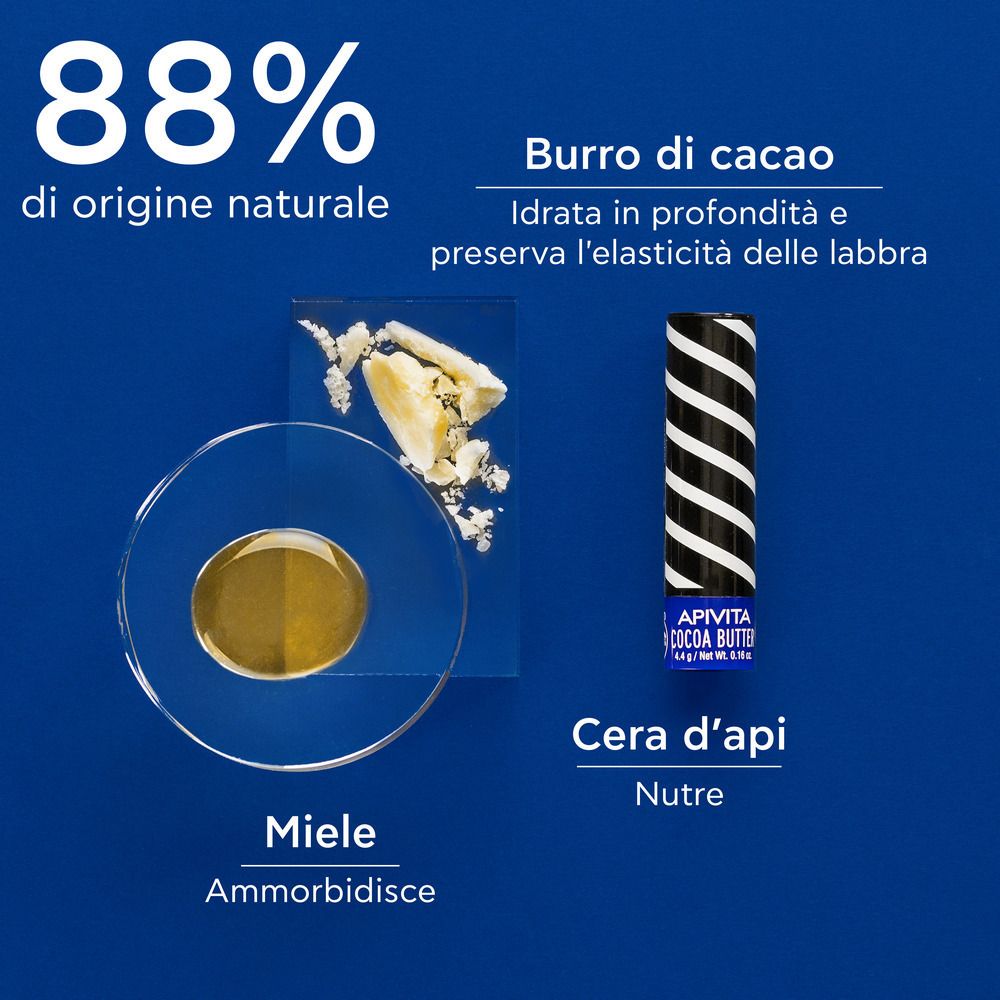 Ingredienti: burro di cacao, miele e cera d'api. Testo: 88% di origine naturale. Stick per labbra sullo sfondo.