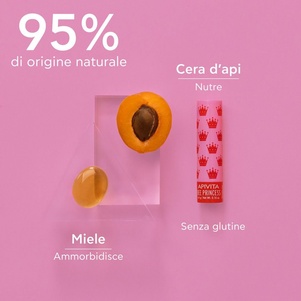 Stick per labbra, albicocca, miele. Testo: 95% origine naturale, cera d'api, senza glutine.