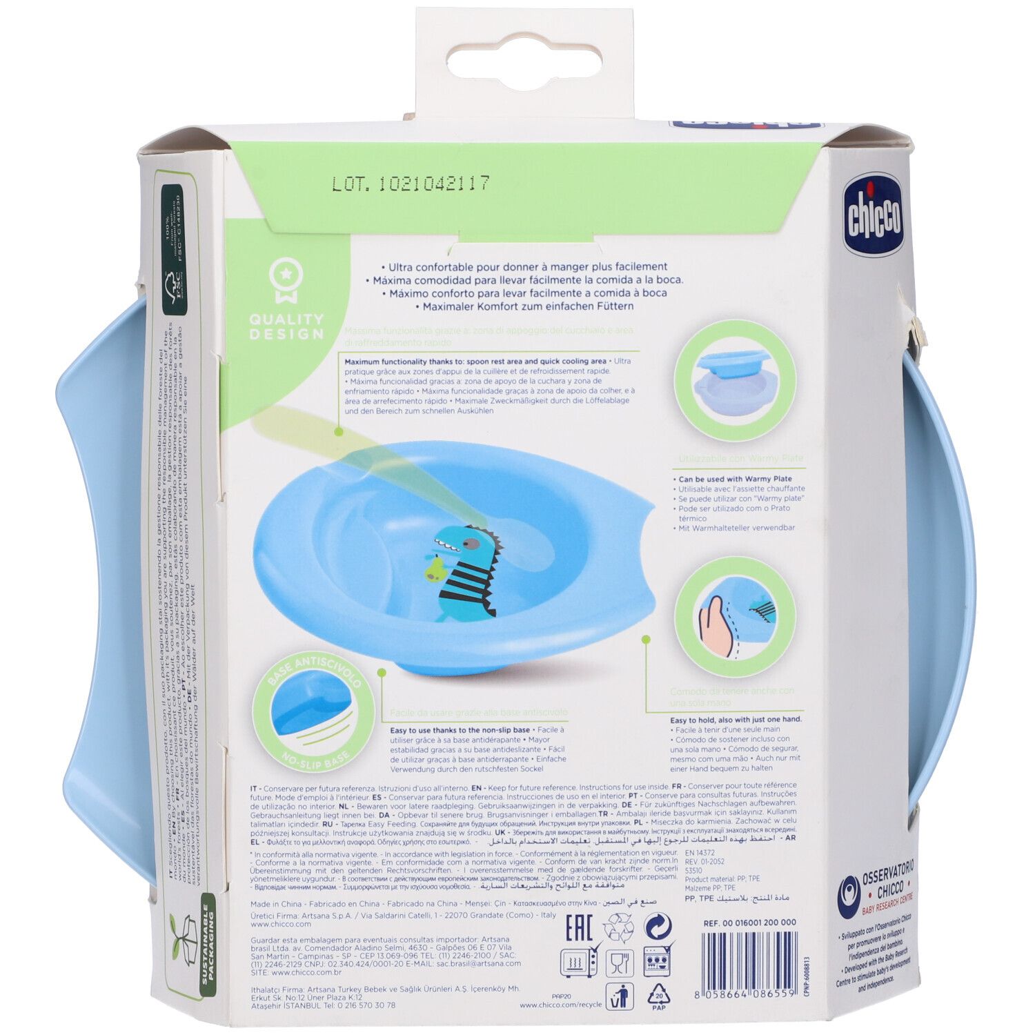 Retro del piatto pappa. Azzurro, motivo dinosauro. Marchio Chicco. Testo e illustrazioni.