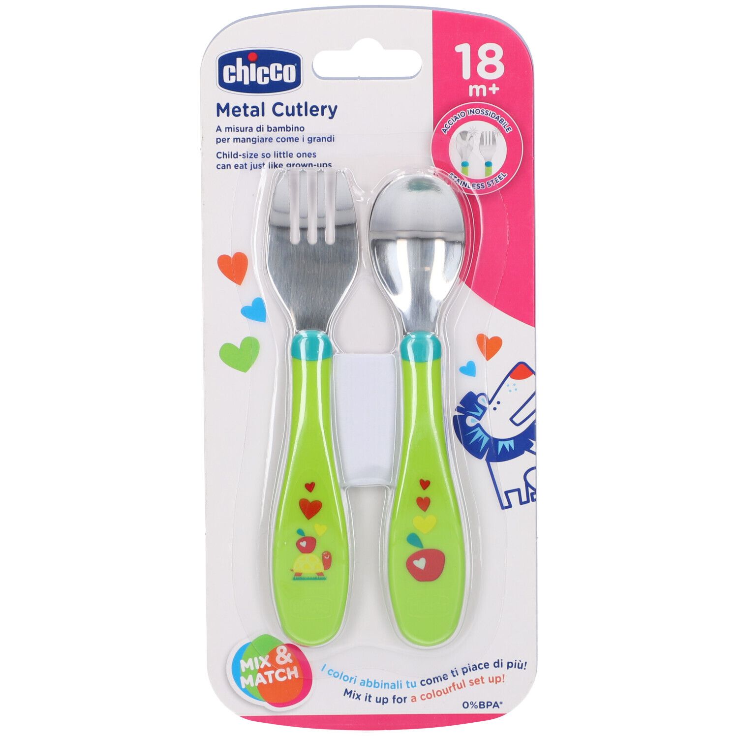 Set di posate per bambini. Forchetta e cucchiaio in metallo con manici verdi. Confezione con nome e età.