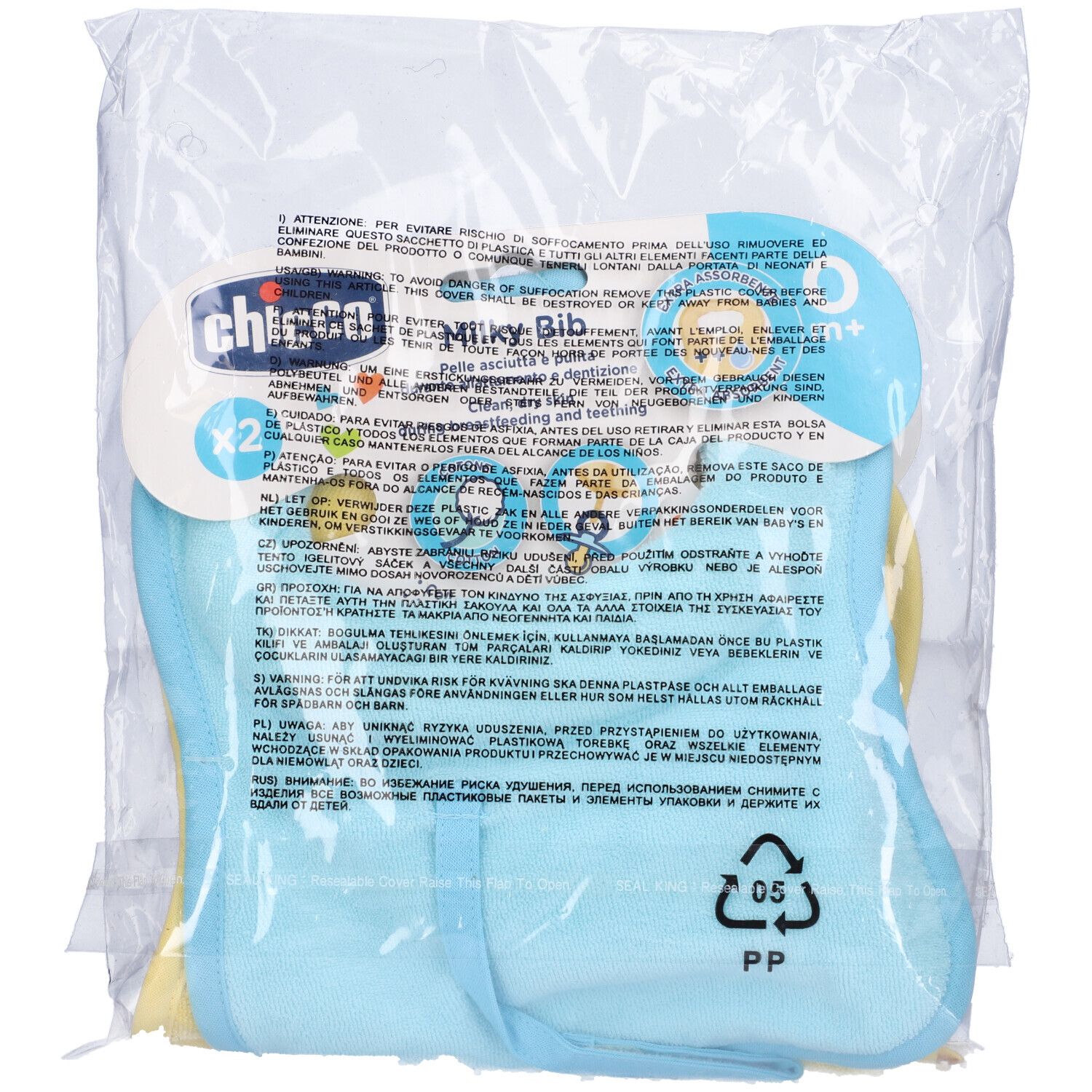 Confezione trasparente con due bavaglini azzurri e gialli Chicco. Marchio visibile. Materiale plastico.