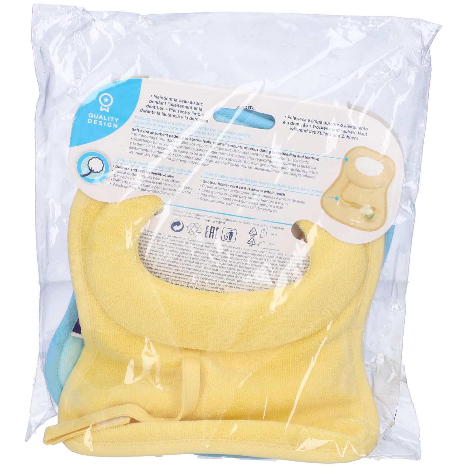 Retro della confezione con due bavaglini. Bavaglino giallo in primo piano. Marchio Chicco e informazioni.