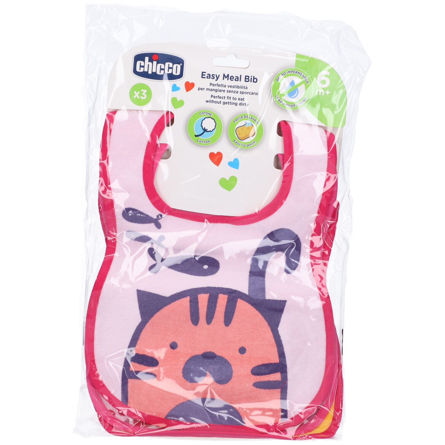 Chicco Easy Meal Bib, confezione da 3, rosa, in confezione di plastica. Motivo gatto e pesci.