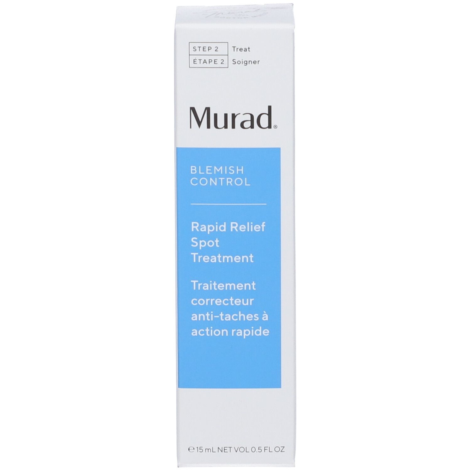 Confezione bianca con etichetta blu. Scritta: Murad, Blemish Control, Rapid Relief Spot Treatment. Vista del prodotto.