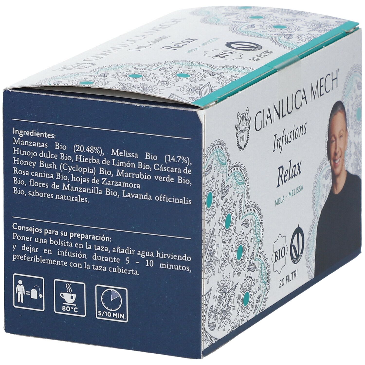 Retro della scatola GIANLUCA MECH Infusions Relax. Lista ingredienti, istruzioni e certificazione Bio.