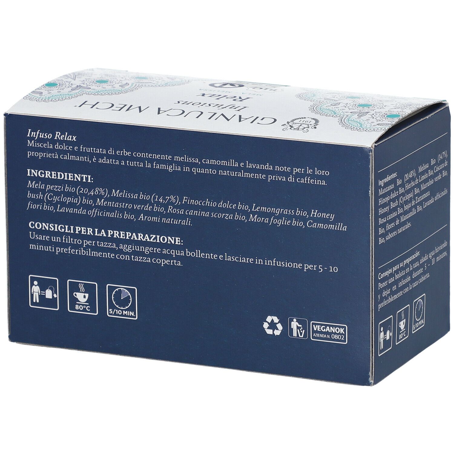 Retro scatola GIANLUCA MECH Infusions Relax. Ingredienti, istruzioni, certificazione Bio e simboli.