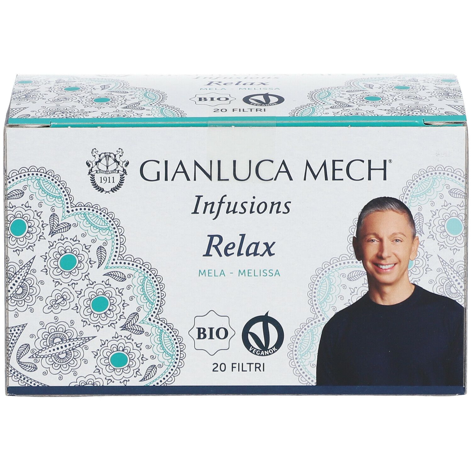 Scatola GIANLUCA MECH Infusions Relax, 20 filtri, certificazione Bio. Ritratto di uomo. Motivo floreale e testo.