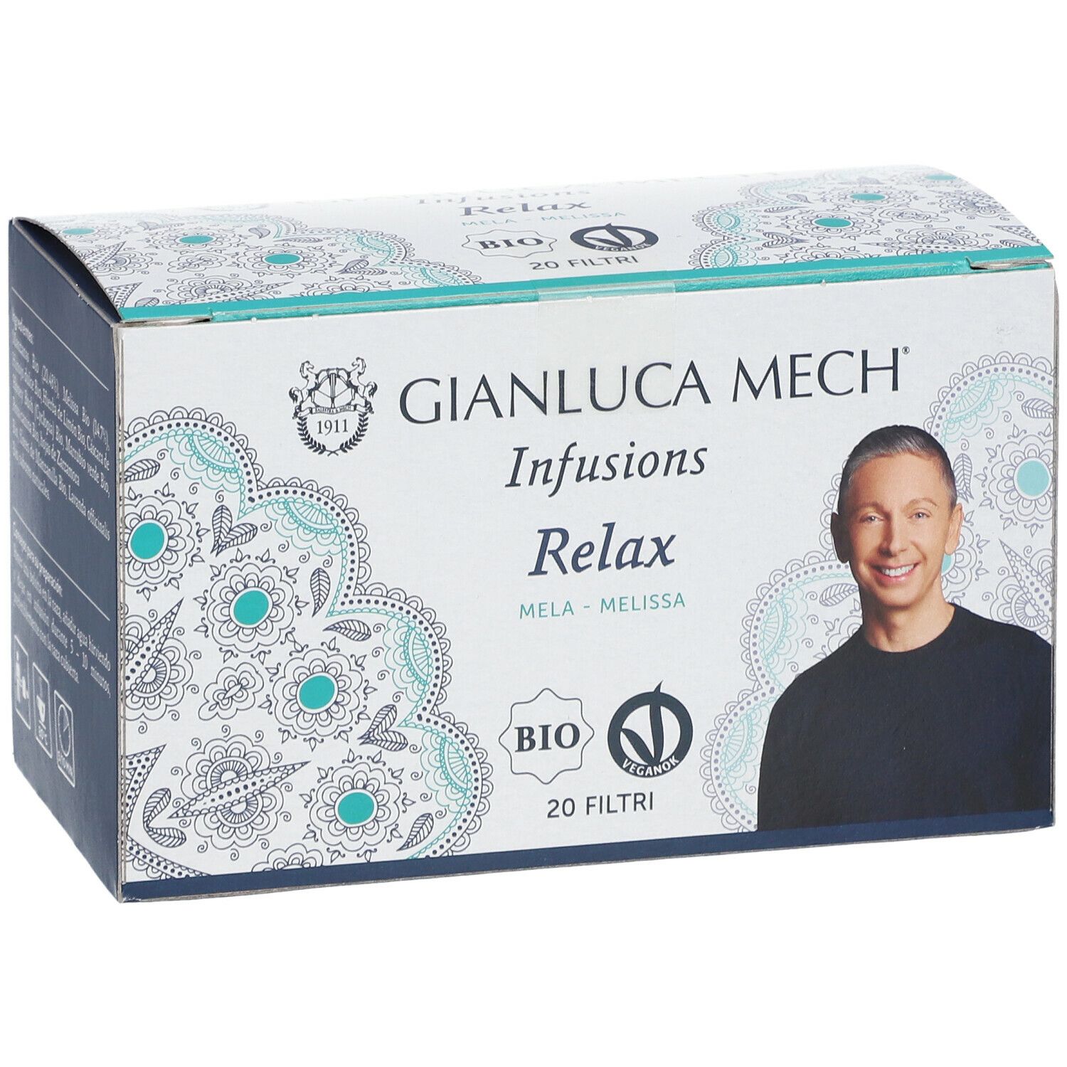 Scatola GIANLUCA MECH Infusions Relax, 20 filtri, certificazione Bio. Ritratto di uomo. Motivo floreale e testo.