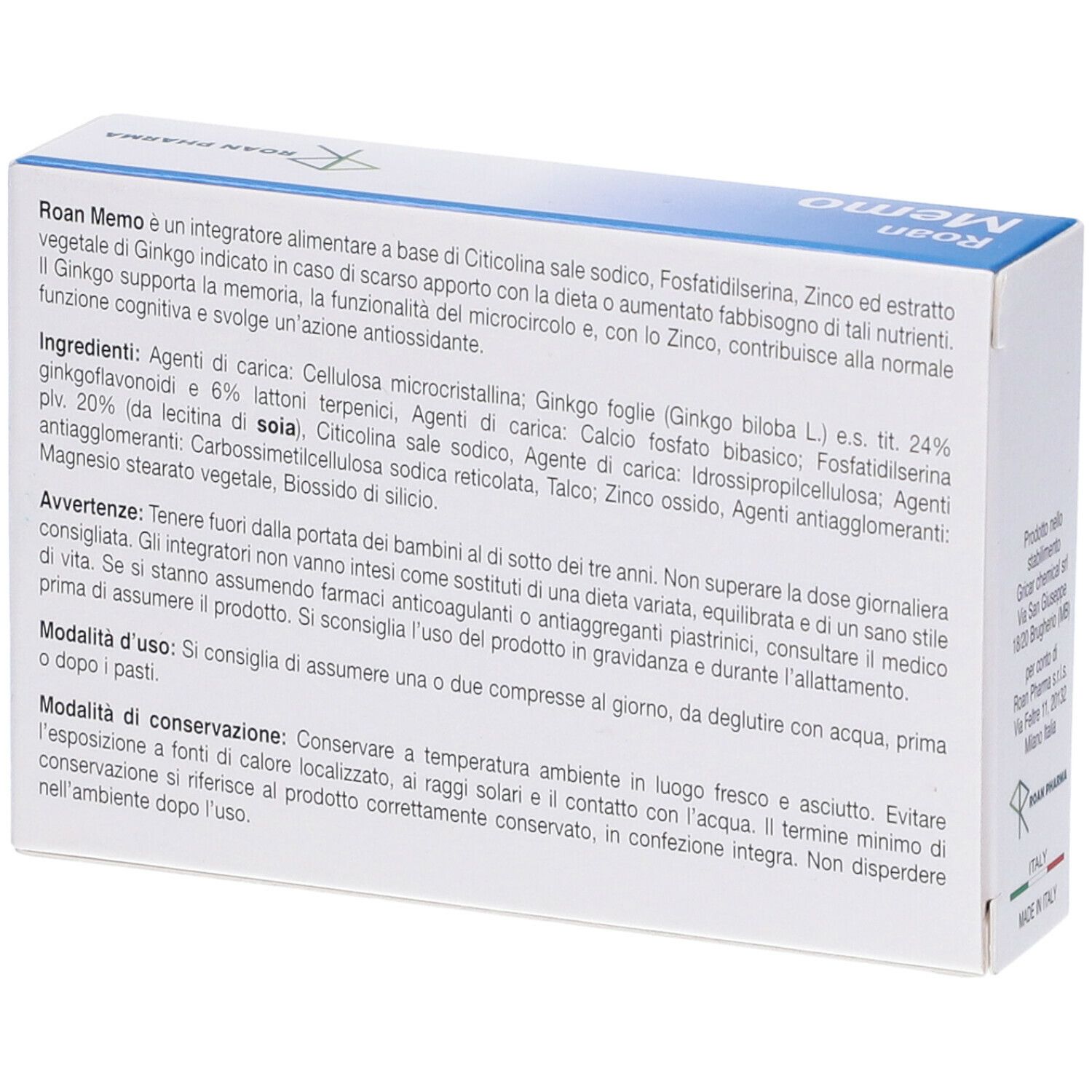 Retro della scatola Roan Memo. Testo su ingredienti e uso. Logo Roan Pharma. Prodotto in Italia.
