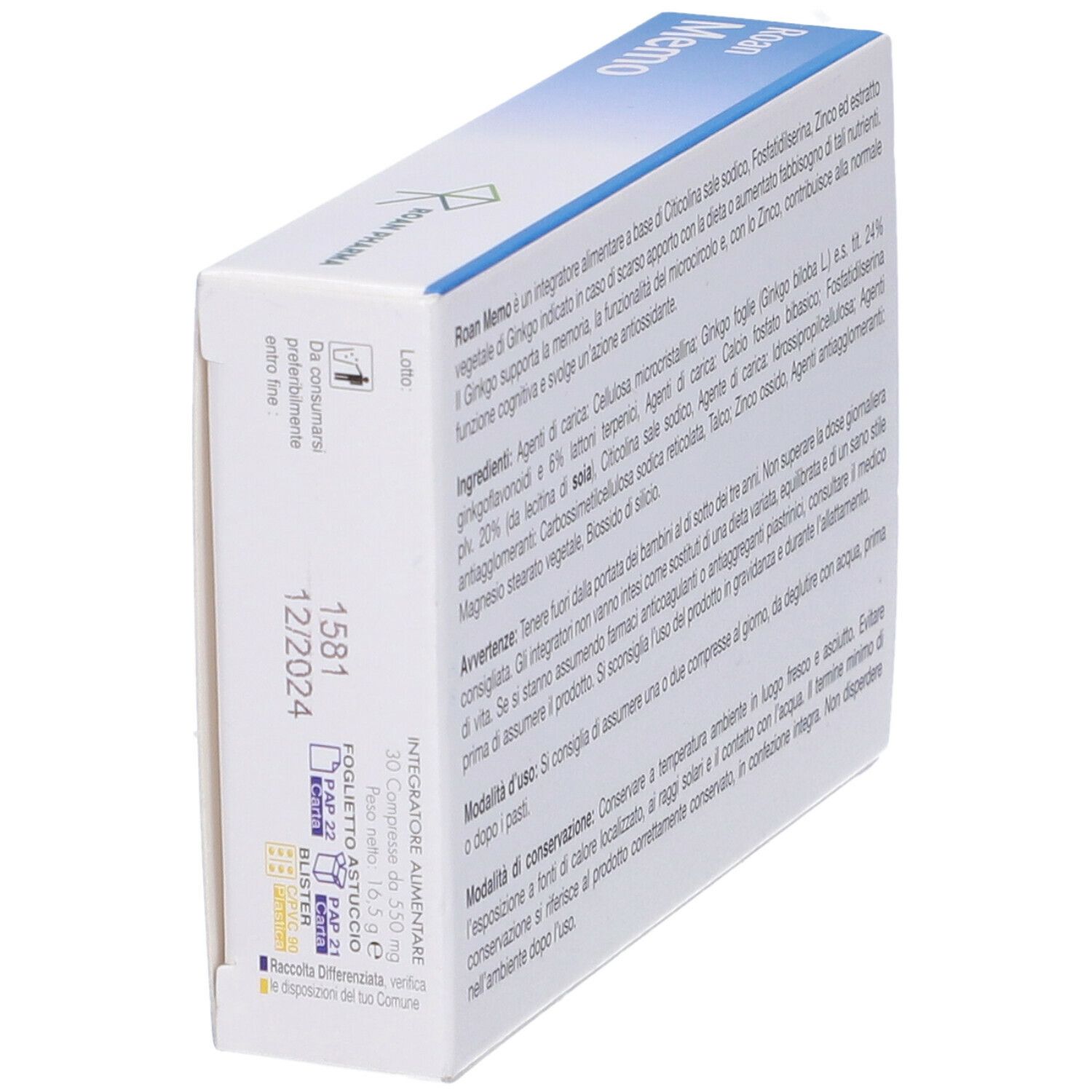 Retro della scatola Roan Memo. Testo su ingredienti e uso. Logo Roan Pharma. Prodotto in Italia.